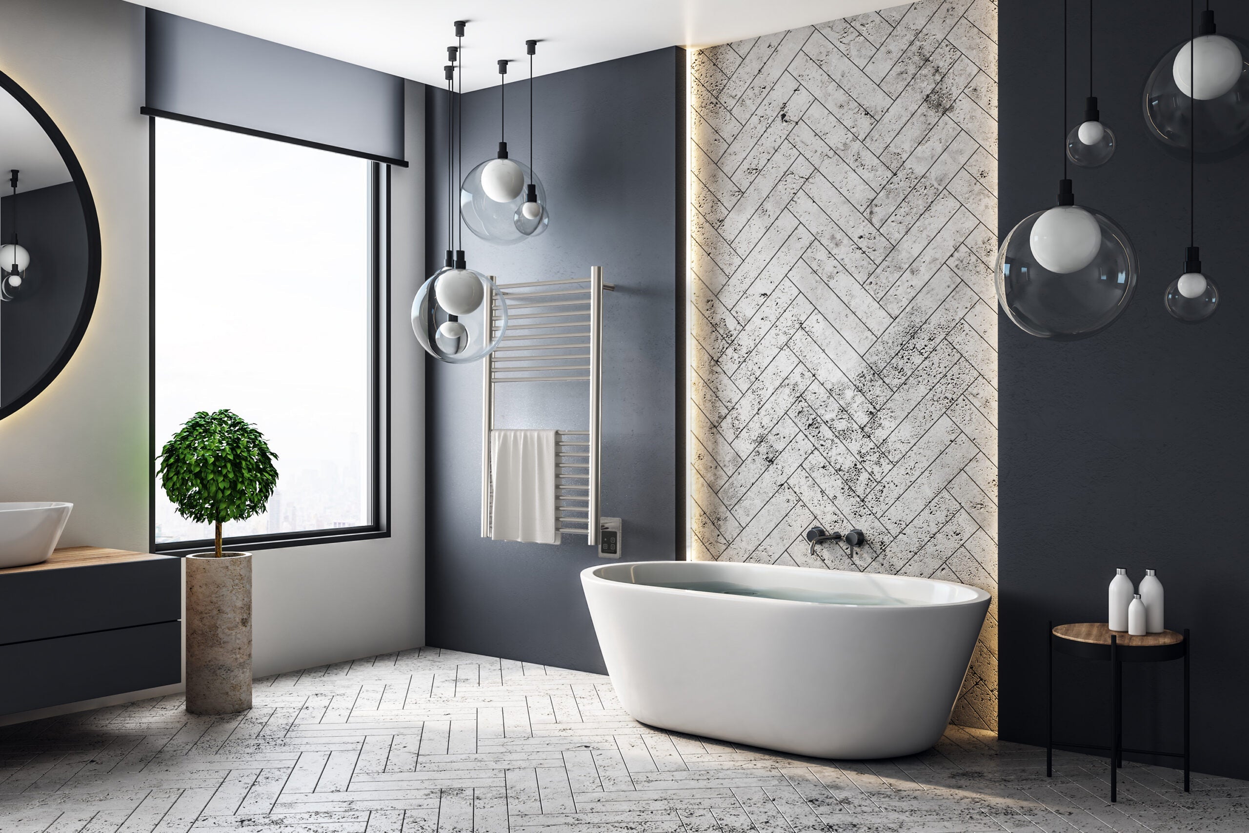 Baño integrado con tina independiente, toallero calefactor y mueble oscuro