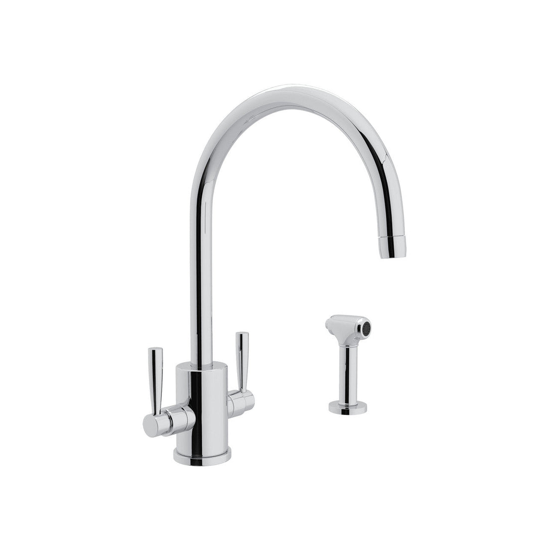 Mezcladora de cocina Perrin & Rowe Holborn de dos manijas con aspersor lateral en cromo pulido, una configuración que requiere tres barrenos en la cubierta
