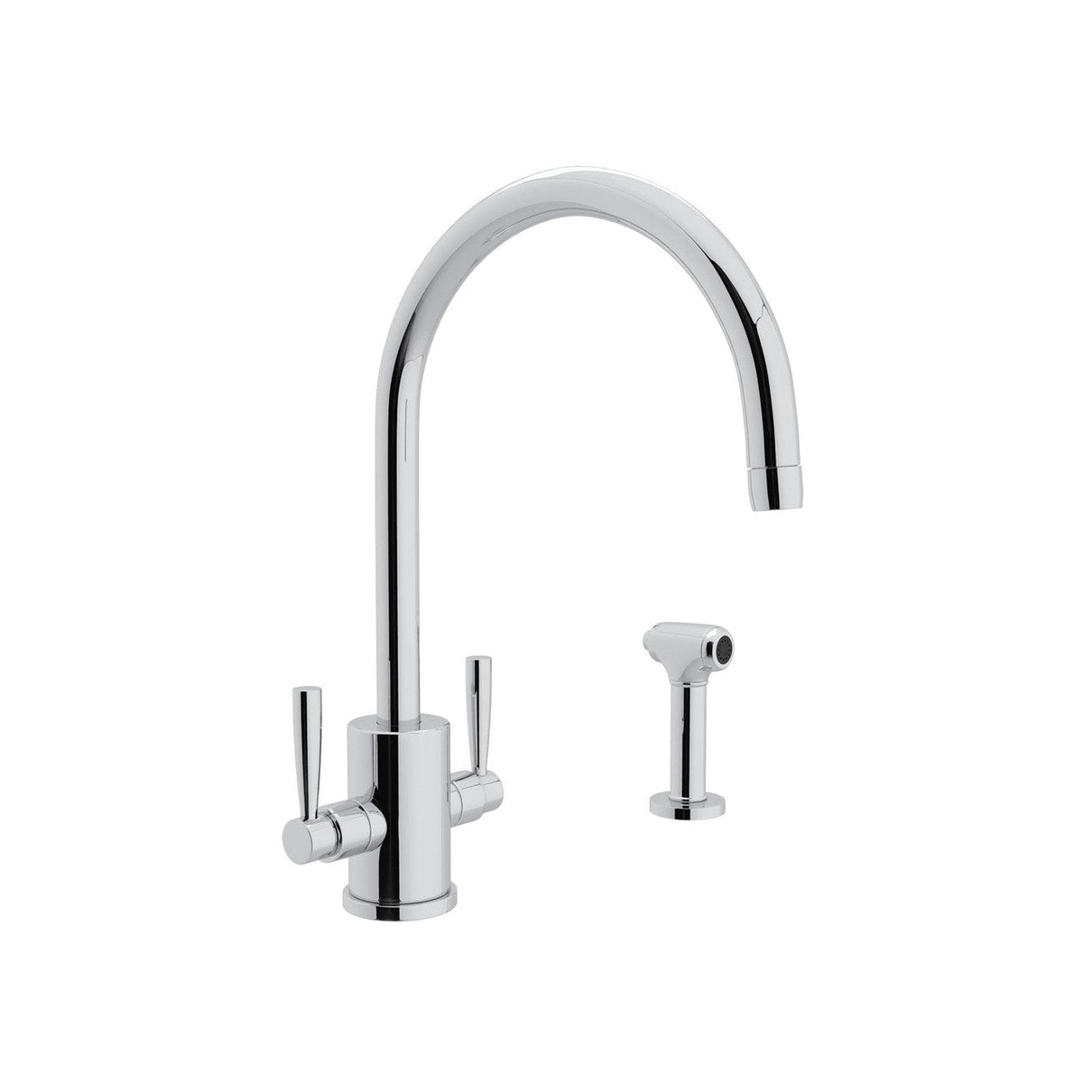 Mezcladora de cocina Perrin & Rowe Holborn de dos manijas con aspersor lateral en cromo pulido, una configuración que requiere tres barrenos en la cubierta