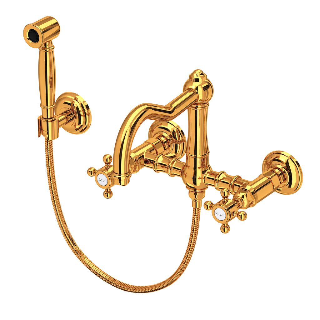 Rohl Acqui Mezcladora de Cocina Tipo Puente de Pared con Aspersor Lateral y Surtidor de Columna - Manija de Cruz - Latón Italiano