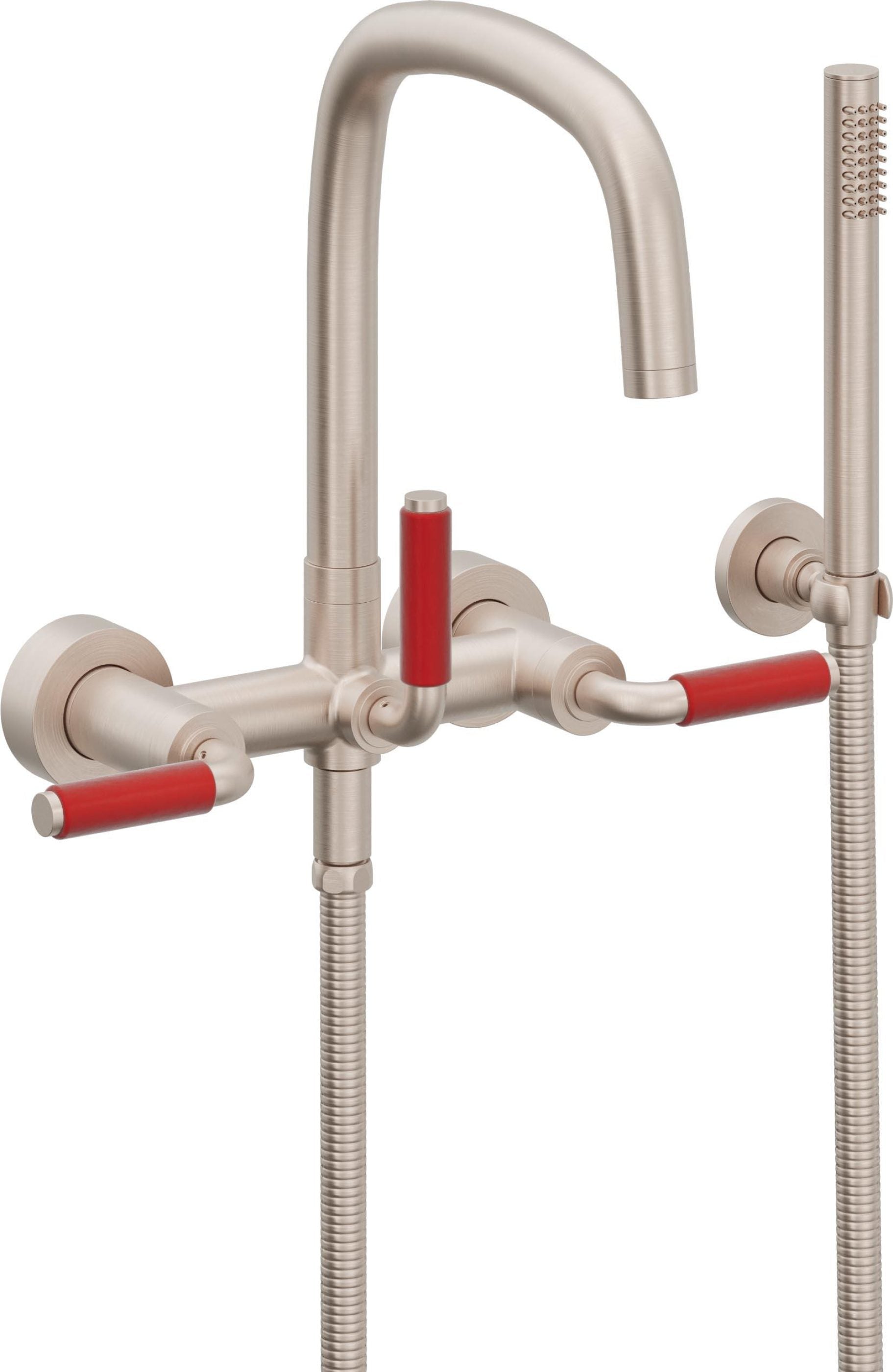 California Faucets San Elijo Contemporaneo Llenador de Tina de Montaje en Pared - Pico Cuadrado - Manija Roja - Níquel Satinado