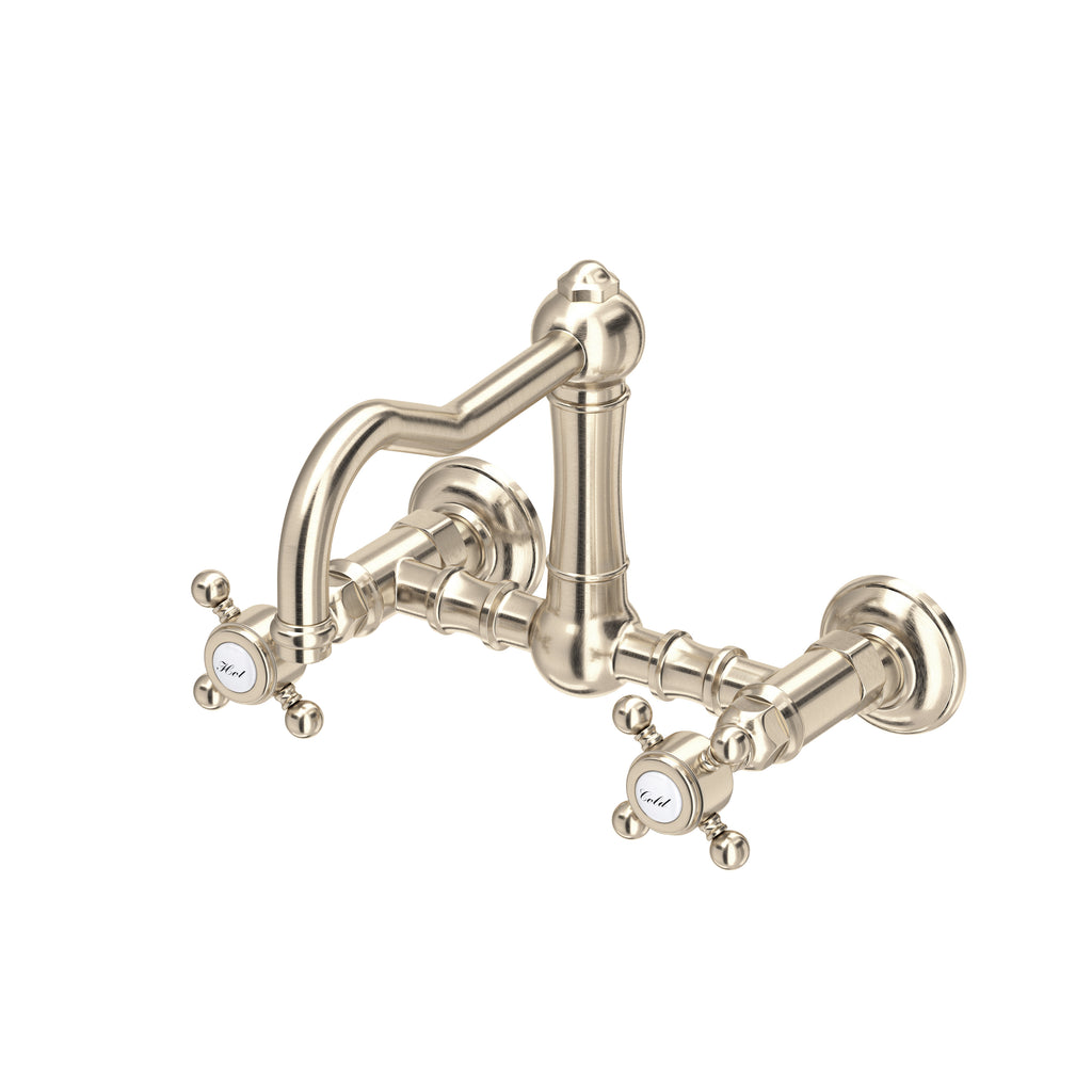 Rohl Acqui Mezcladora de Cocina Tipo Puente de Pared Surtidor de Columna - Manija de Cruz - Níquel Satinado