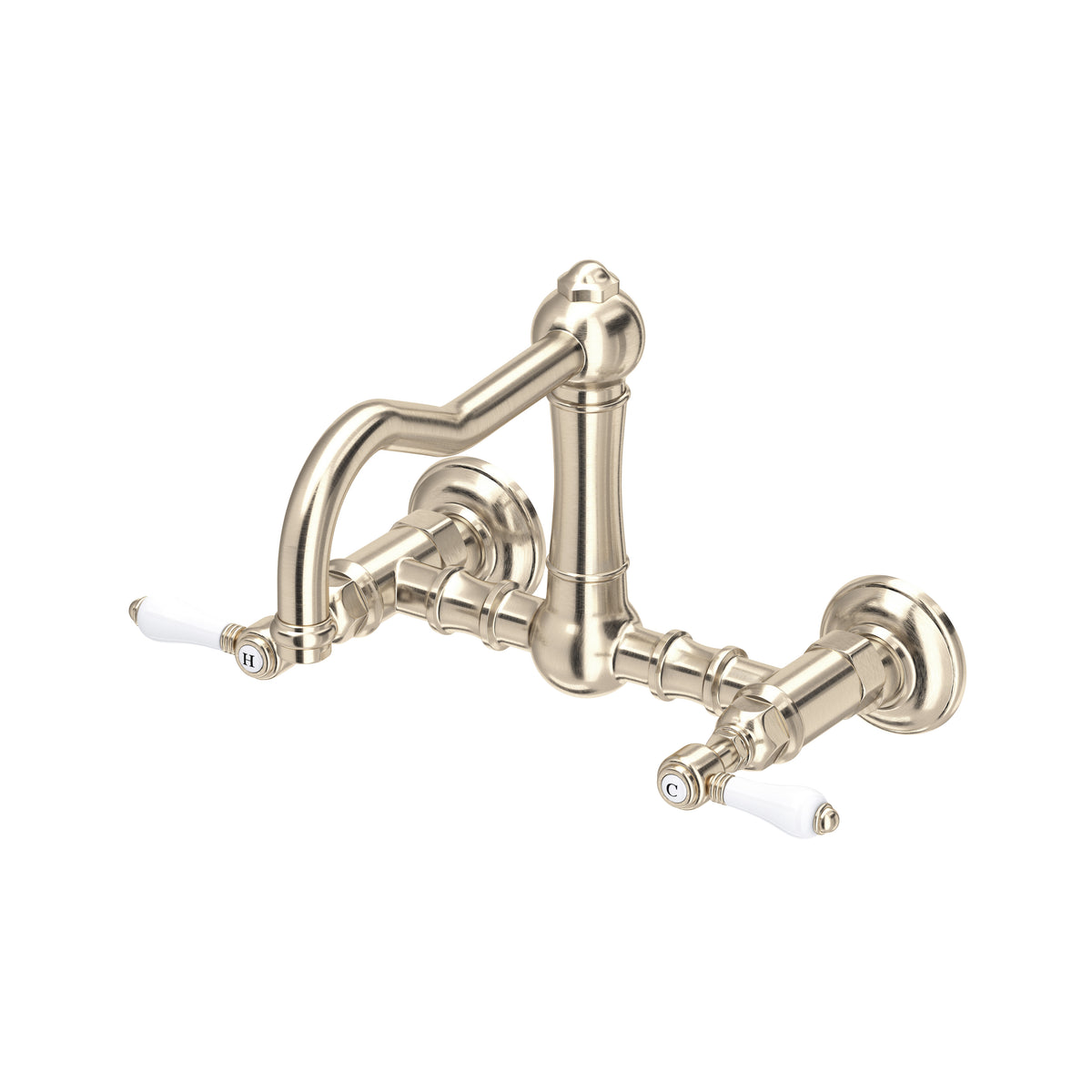 Rohl Acqui Mezcladora de Cocina Tipo Puente de Pared Surtidor de Columna - Palanca de Porcelana Blanca - Níquel Satinado