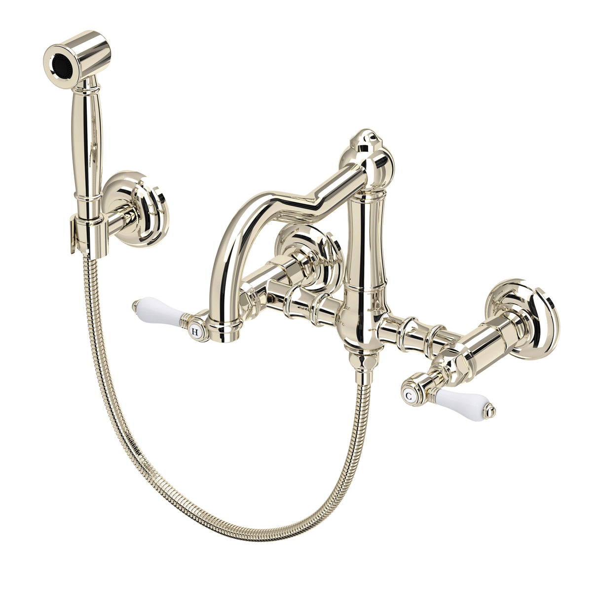 Rohl Acqui Mezcladora de Cocina Tipo Puente de Pared con Aspersor Lateral y Surtidor de Columna - Palanca de Porcelana Blanca - Níquel Pulido
