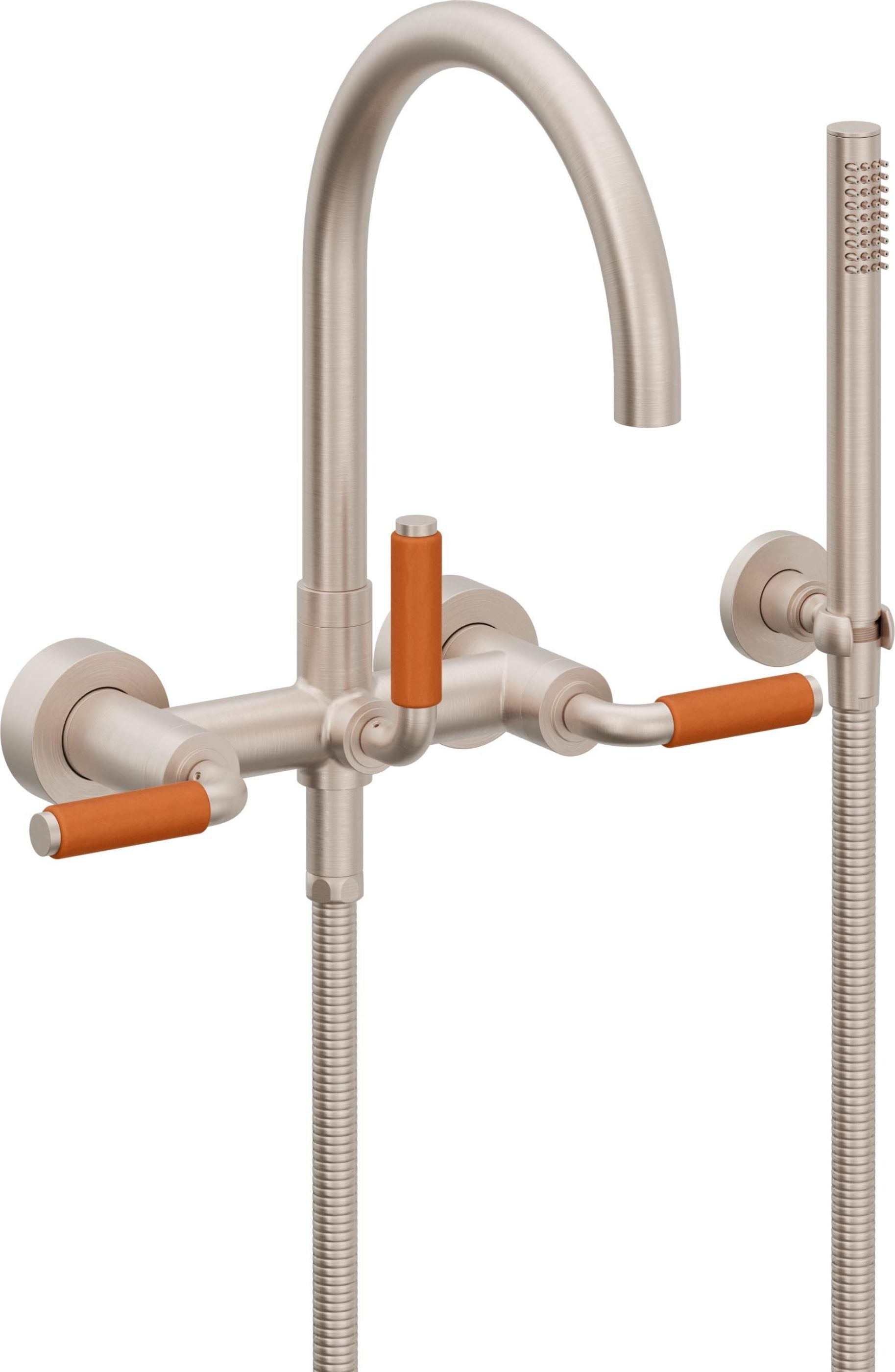 California Faucets Asilomar Contemporaneo Llenador de Tina de Montaje en Pared - Pico en Arco - Manija de Porcelana Naranja - Níquel Satinado