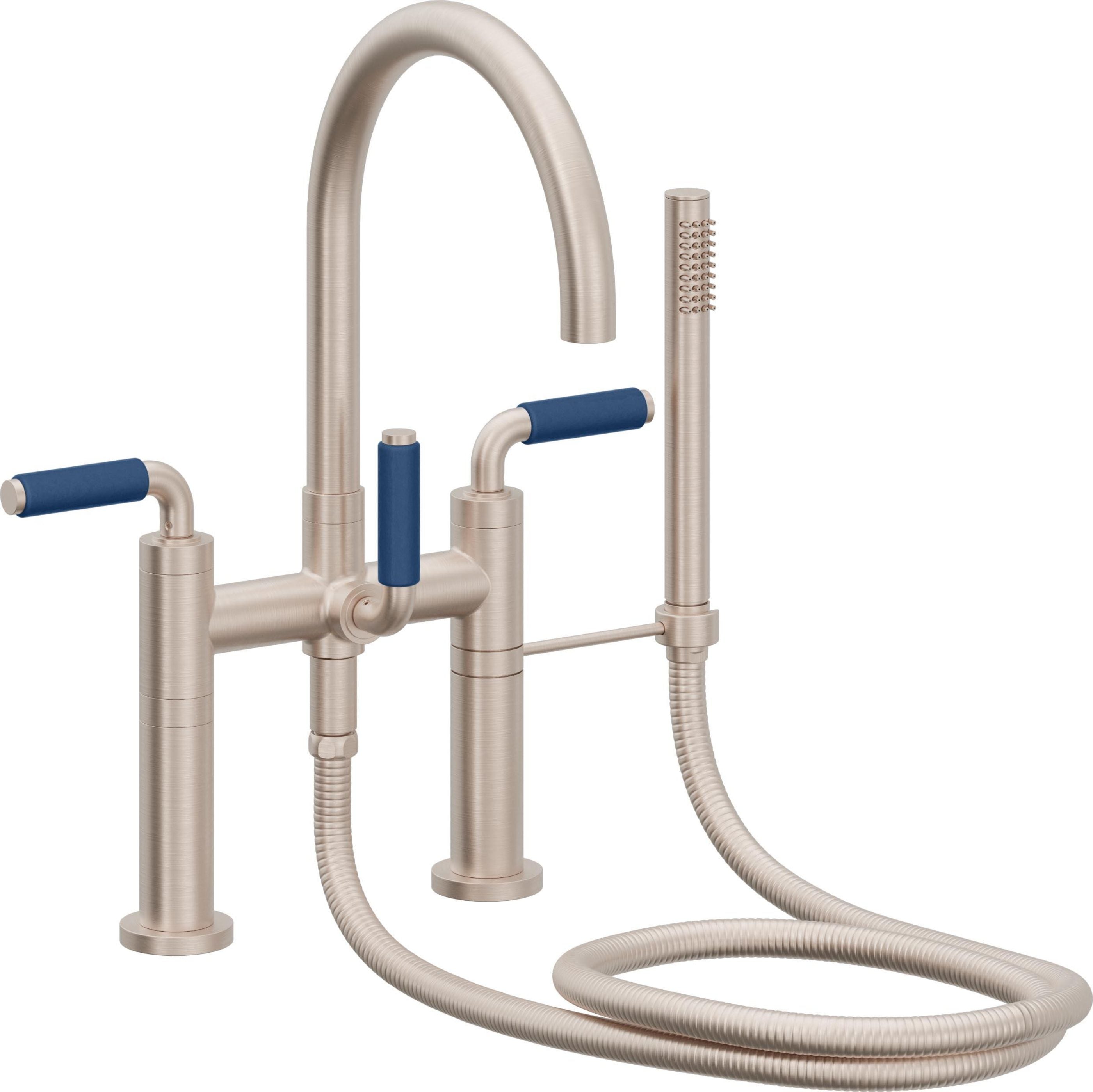 California Faucets Asilomar Contemporaneo Llenador de Tina de Montaje en Cubierta - Pico en Arco - Manija de Porcelana Azul - Níquel Satinado
