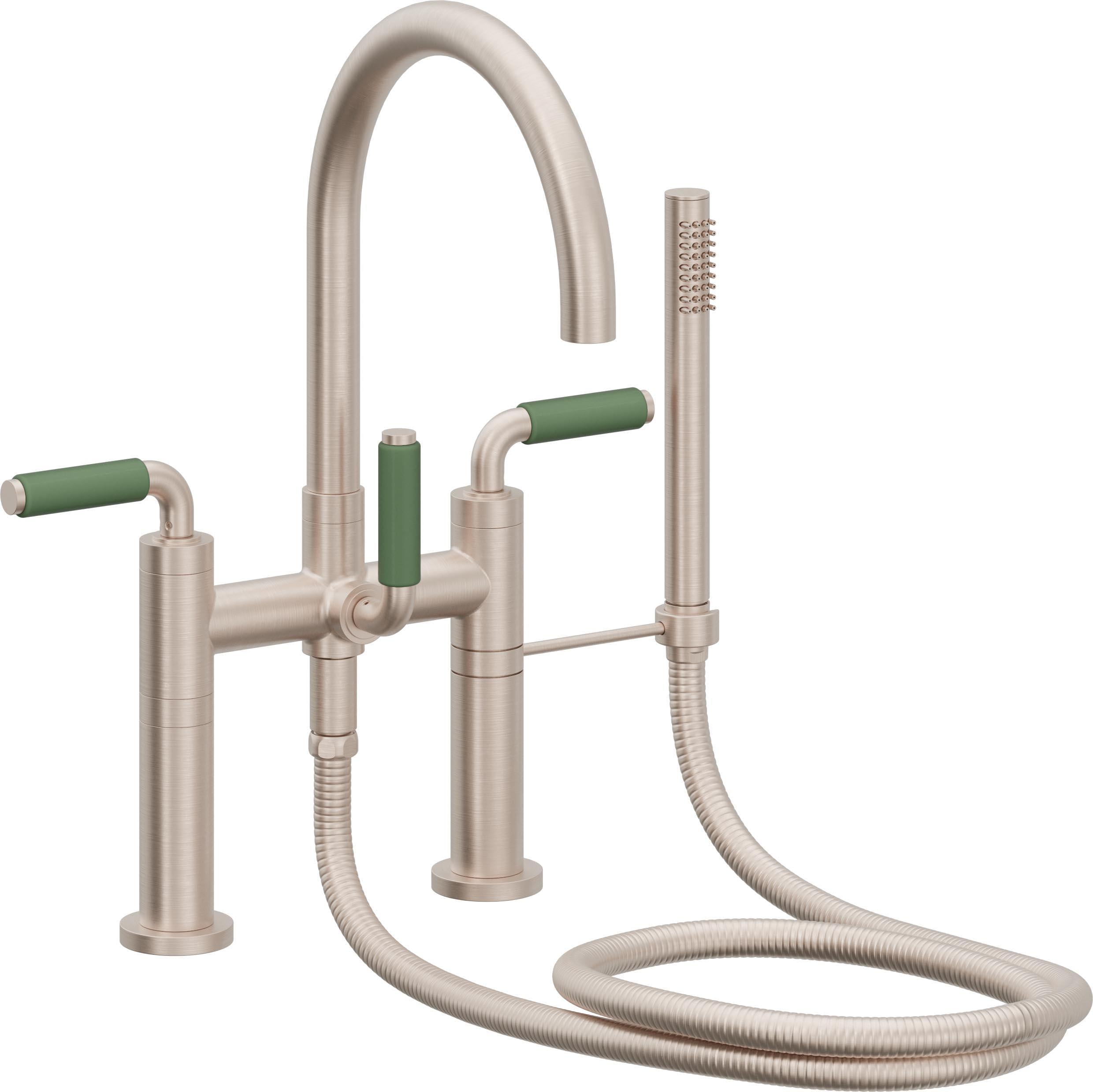 California Faucets Asilomar Contemporaneo Llenador de Tina de Montaje en Cubierta - Manija de Porcelana Verde - Níquel Satinado