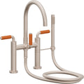 California Faucets Asilomar Contemporaneo Llenador de Tina de Montaje en Cubierta - Pico en Arco - Manija de Porcelana Naranja - Níquel Satinado