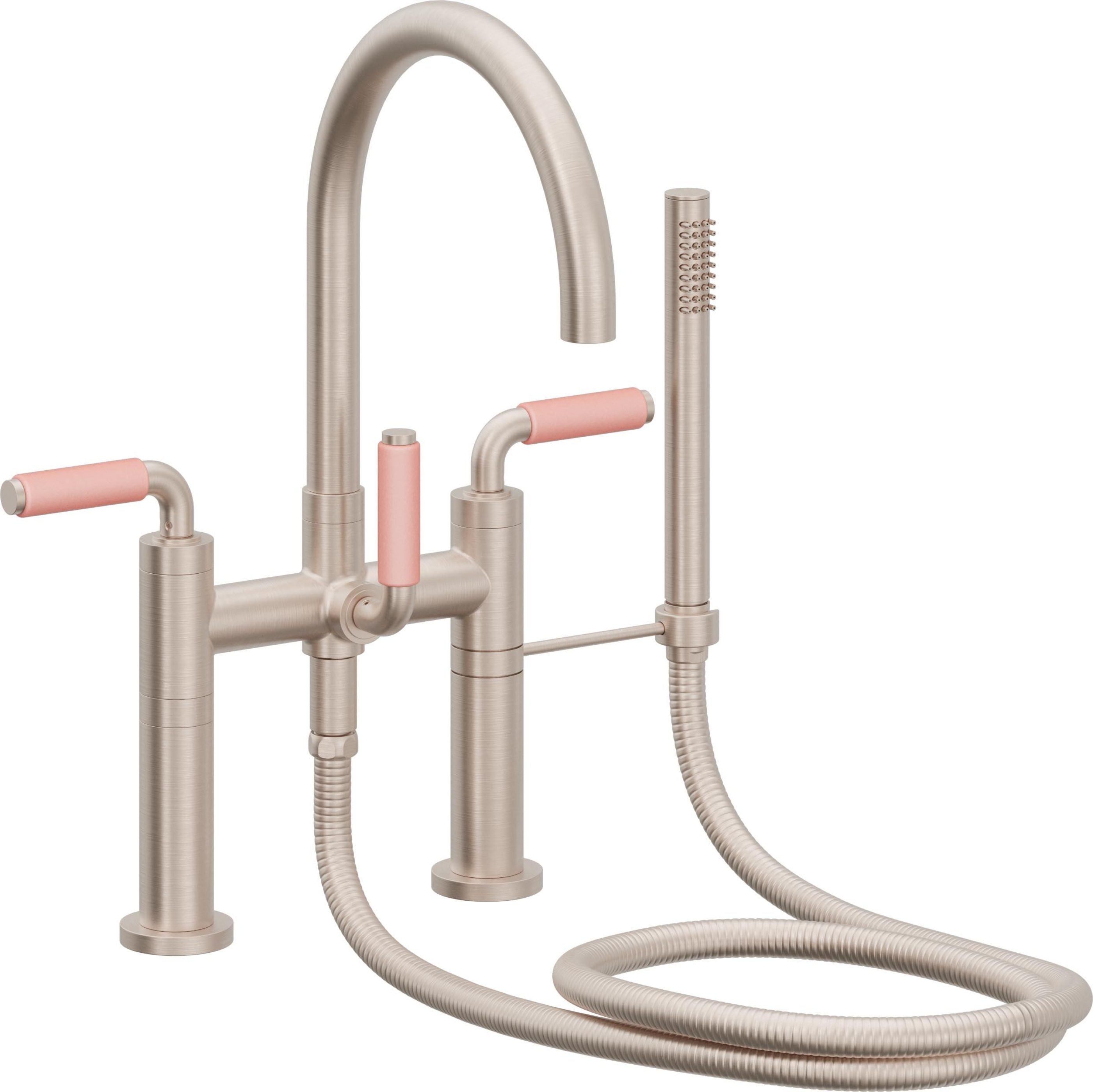 California Faucets Asilomar Contemporaneo Llenador de Tina de Montaje en Cubierta - Pico en Arco - Manija de Porcelana Rosa - Níquel Satinado