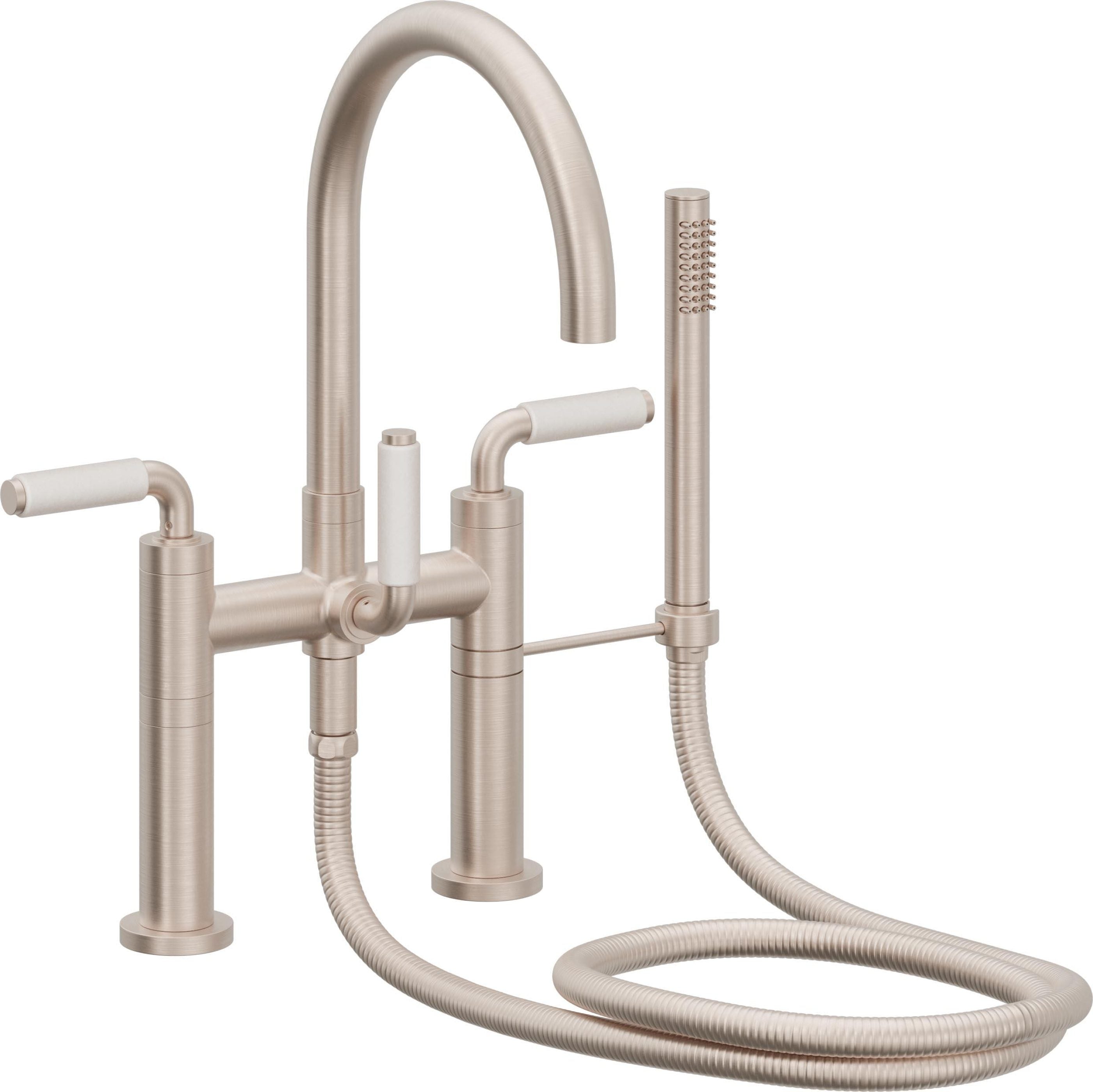 California Faucets Asilomar Contemporaneo Llenador de Tina de Montaje en Cubierta - Pico en Arco - Manija de Porcelana Blanca - Níquel Satinado
