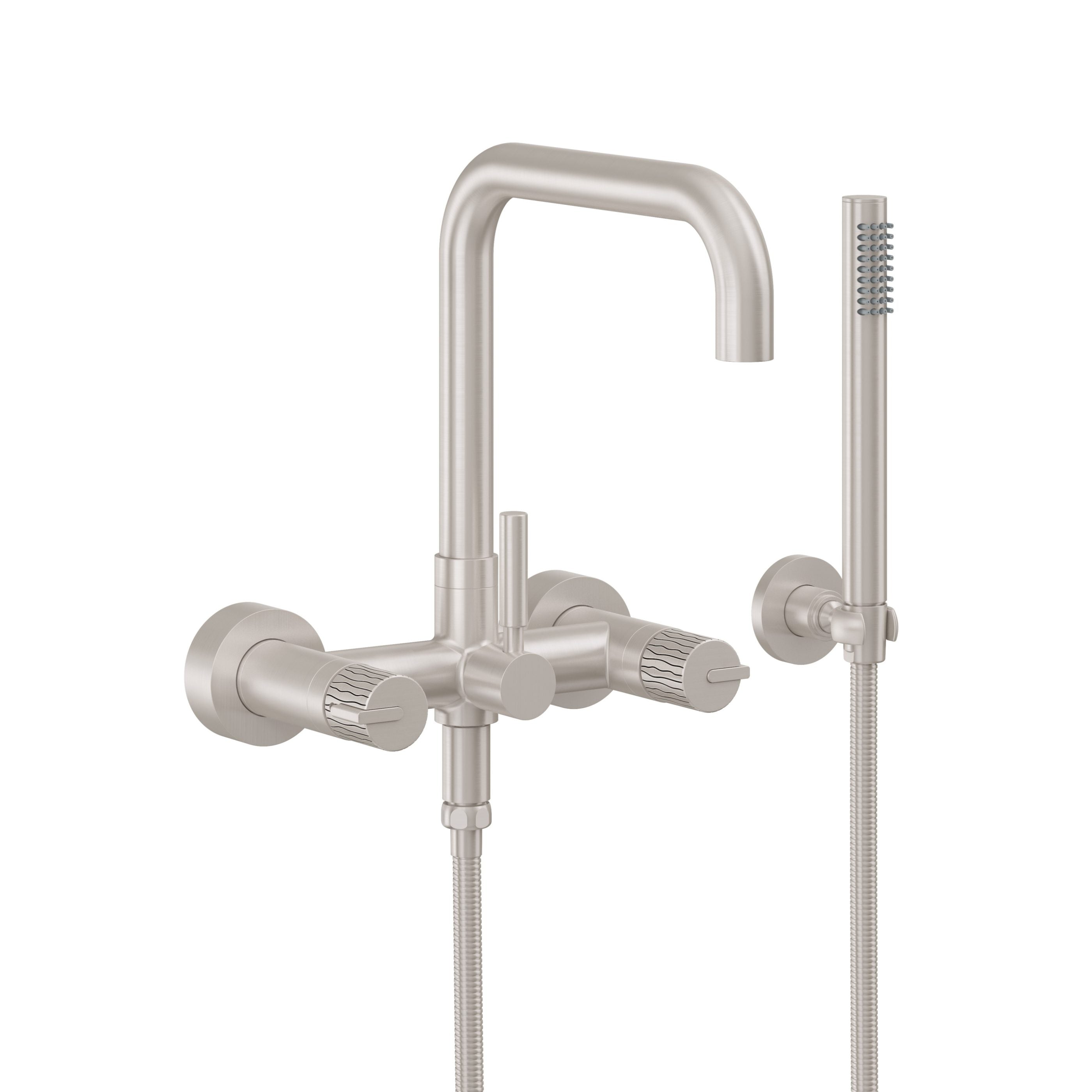 California Faucets Bolsa Contemporaneo Llenador de Tina de Montaje en Pared - Pico Cuadrado - Ondulado Intaglio - Níquel Satinado