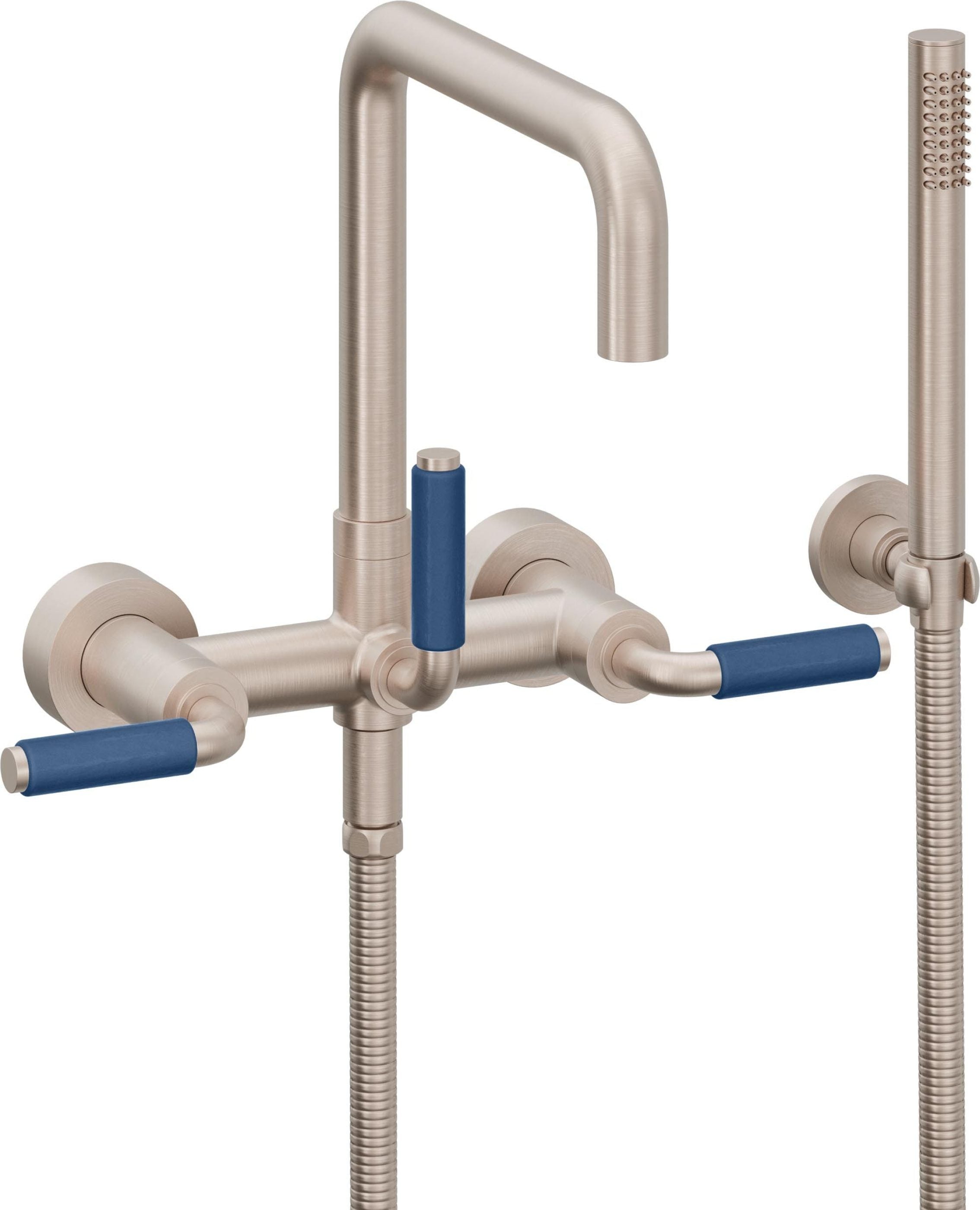 California Faucets Bolsa Contemporaneo Llenador de Tina de Montaje en Pared - Pico Cuadrado - Manija de Porcelana Azul - Níquel Satinado