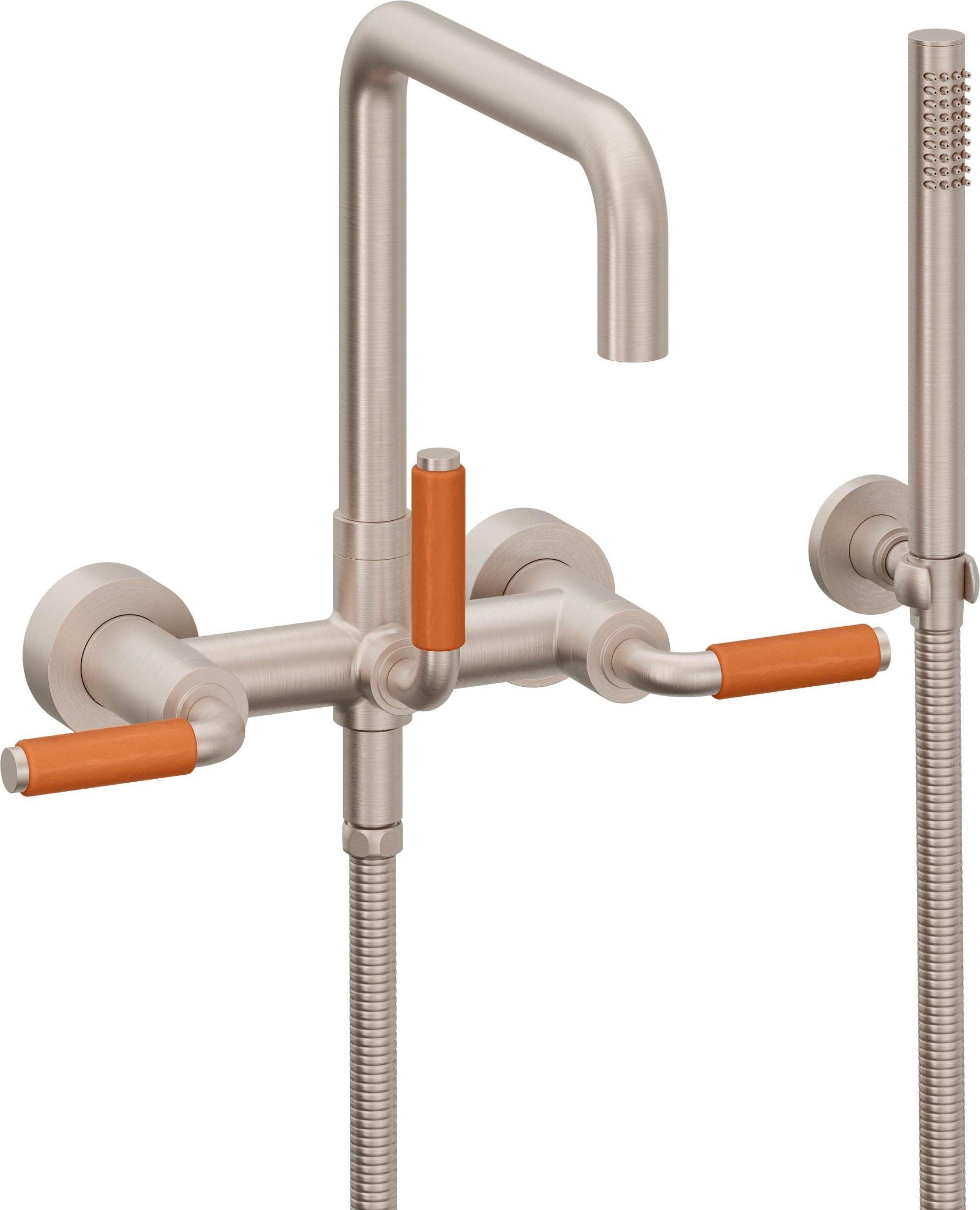 California Faucets Bolsa Contemporaneo Llenador de Tina de Montaje en Pared - Pico Cuadrado - Manija de Porcelana Naranja - Níquel Satinado