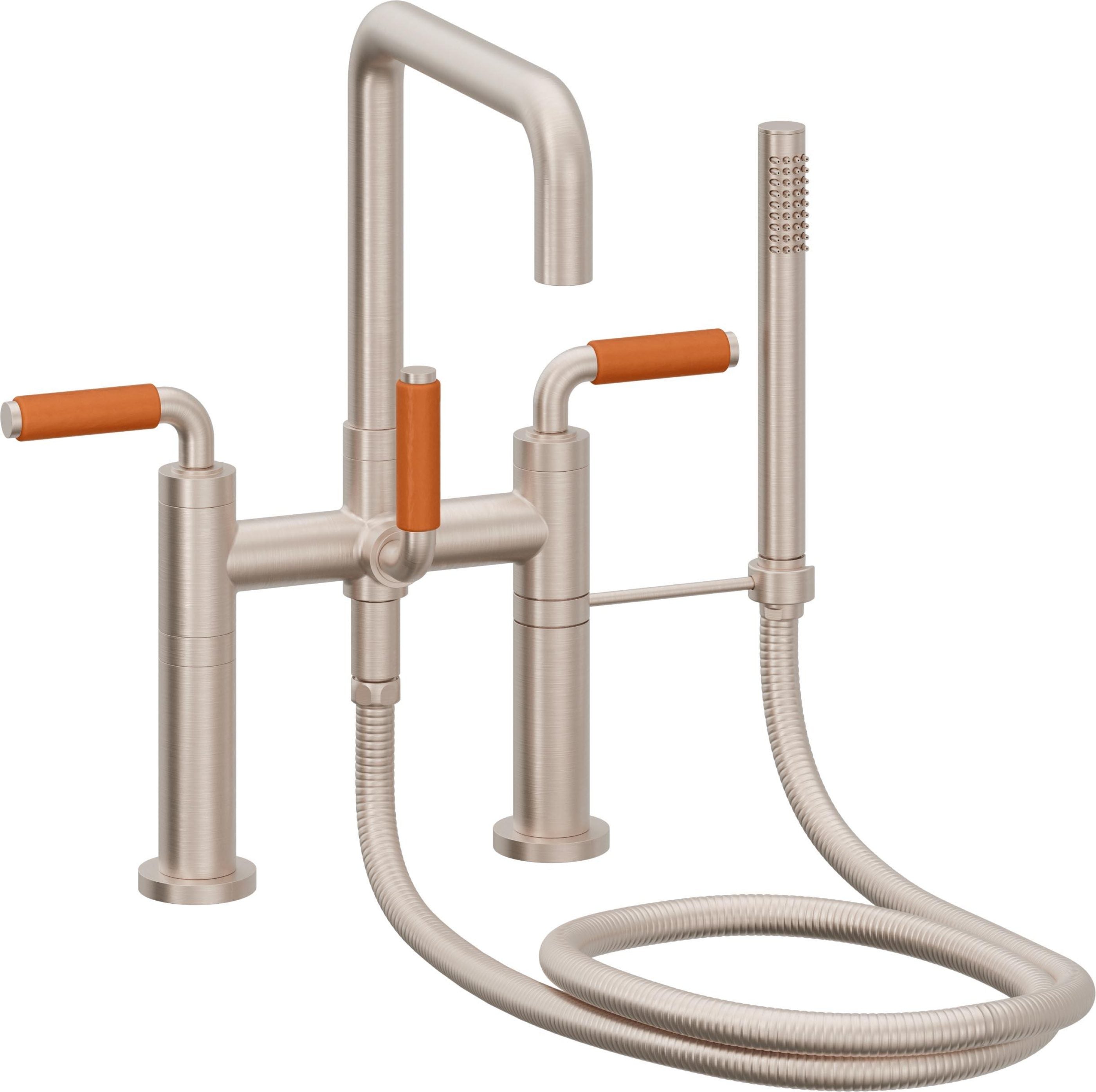 California Faucets Bolsa Contemporaneo Llenador de Tina de Montaje en Cubierta - Pico Cuadrado - Manija de Porcelana Naranja - Níquel Satinado