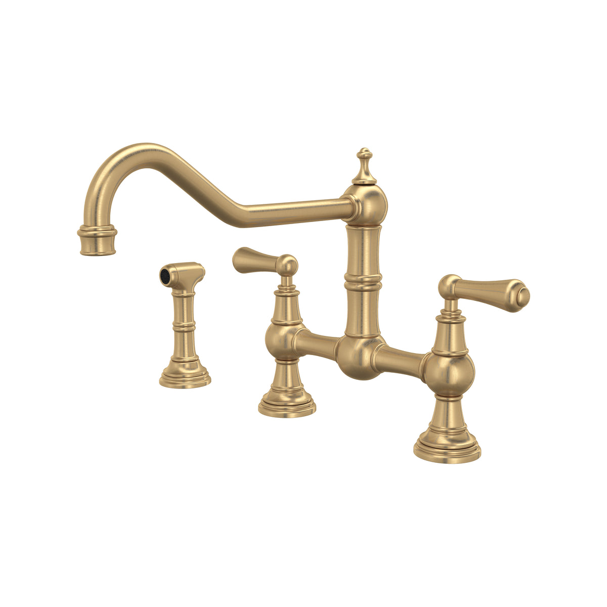 Rohl Edwardian Mezcladora de Cocina Tipo Puente Surtidor de Alcance Extendido con Aspersor Lateral - Oro Inglés Satinado