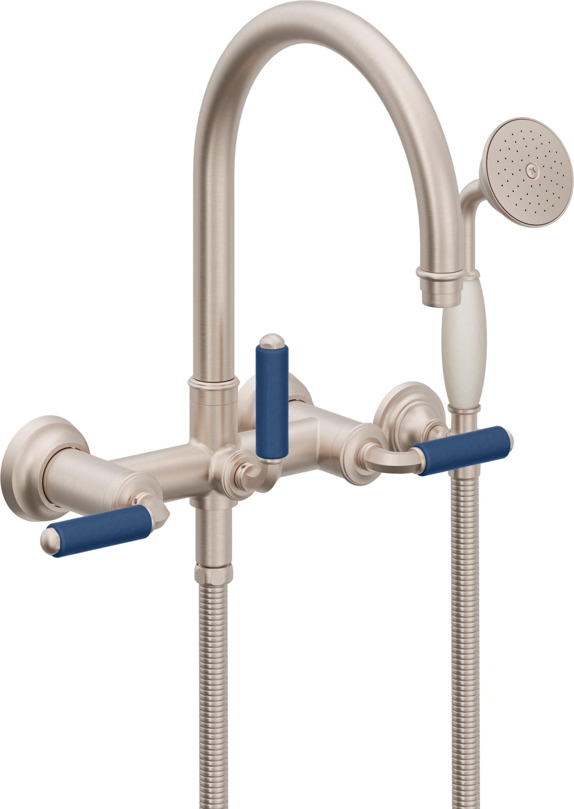 California Faucets Palomar Tradicional Llenador de Tina de Montaje en Pared - Pico en Arco - Manija de Porcelana Azul - Níquel Satinado