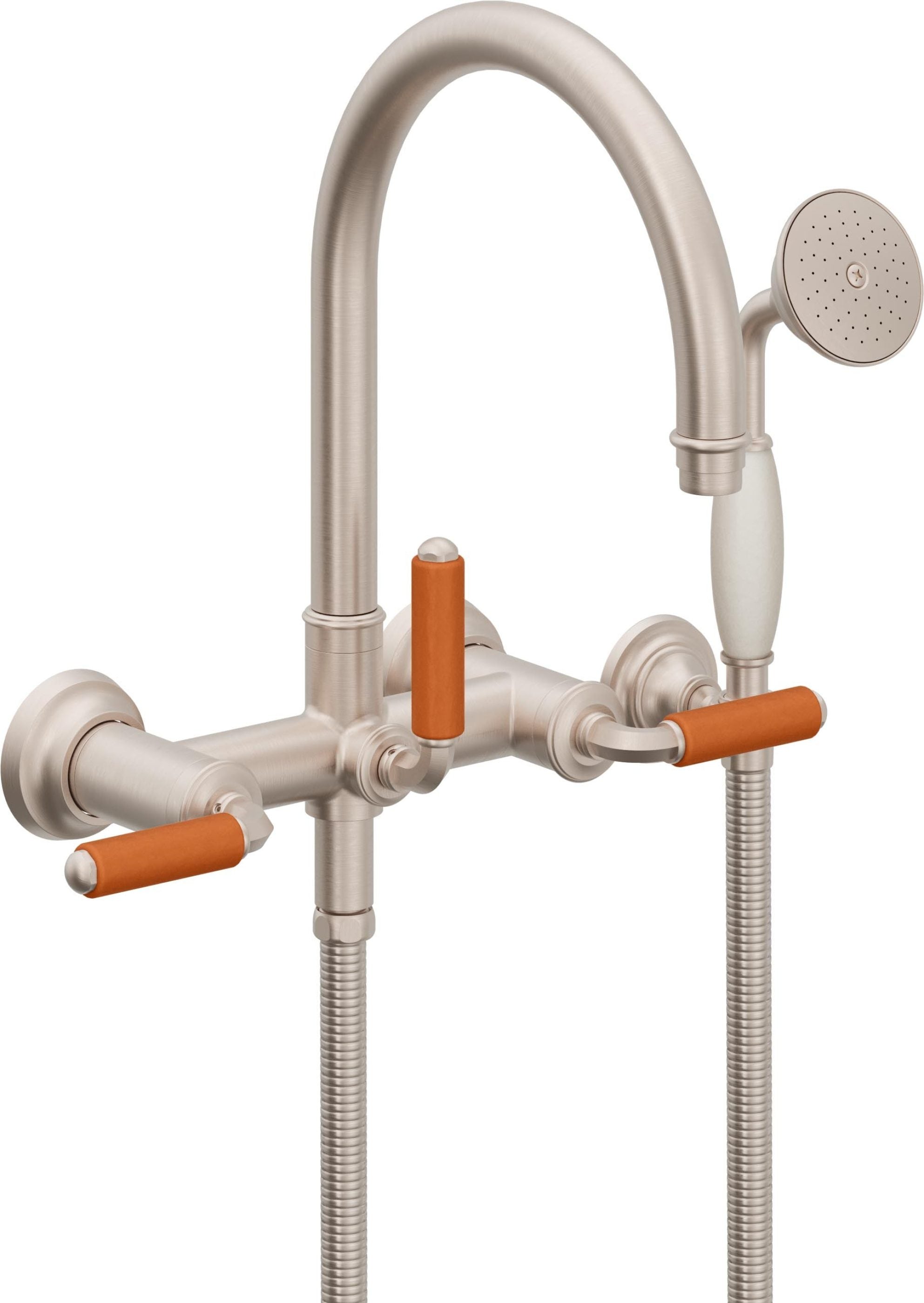 California Faucets Palomar Tradicional Llenador de Tina de Montaje en Pared - Pico en Arco - Manija de Porcelana Naranja - Níquel Satinado