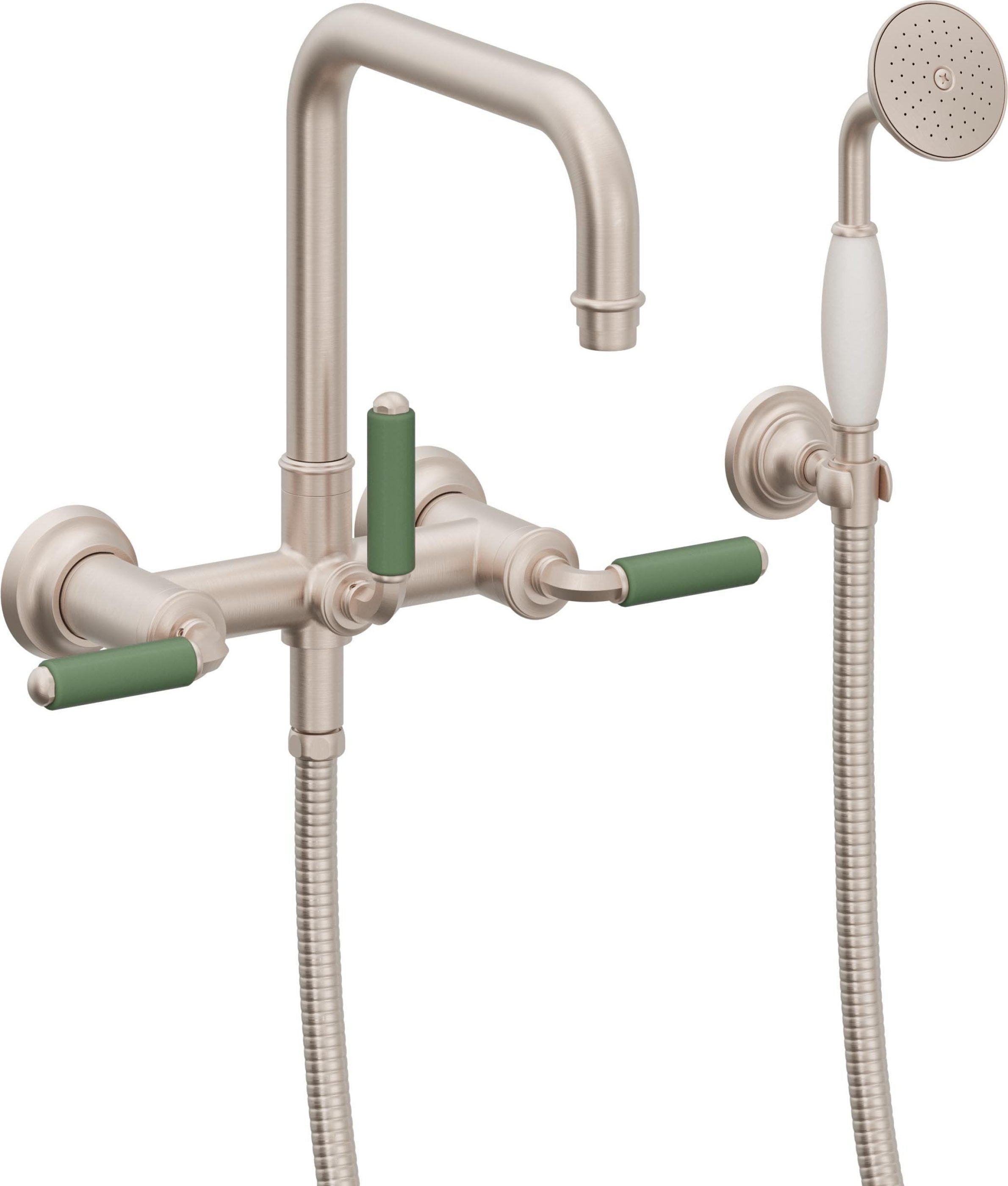 California Faucets Hermosa Tradicional Llenador de Tina de Montaje en Pared - Pico Cuadrado - Manija de Porcelana Verde - Níquel Satinado