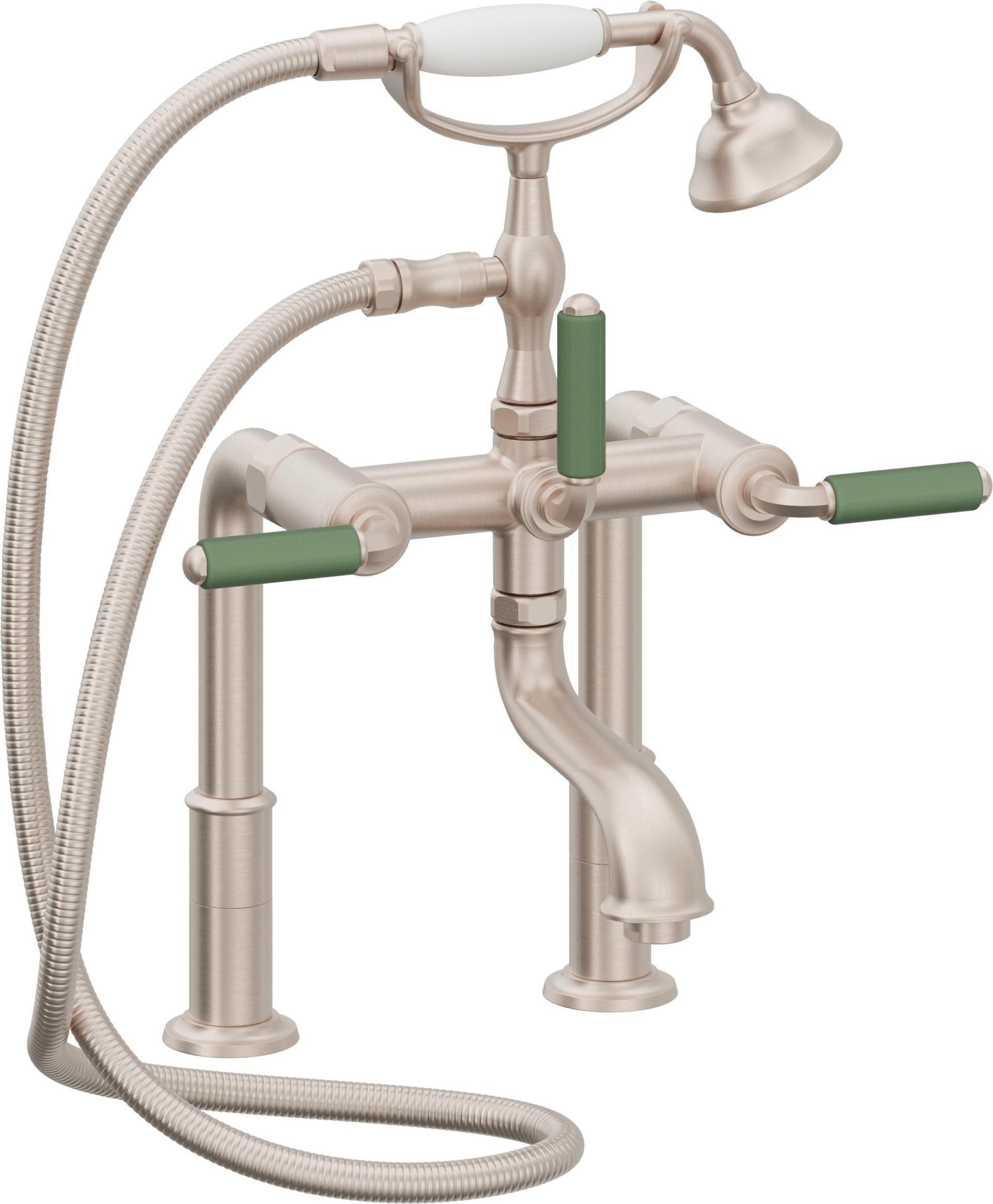 California Faucets Balboa Tradicional Llenador de Tina de Montaje en Cubierta - Manija de Porcelana Verde - Níquel Satinado
