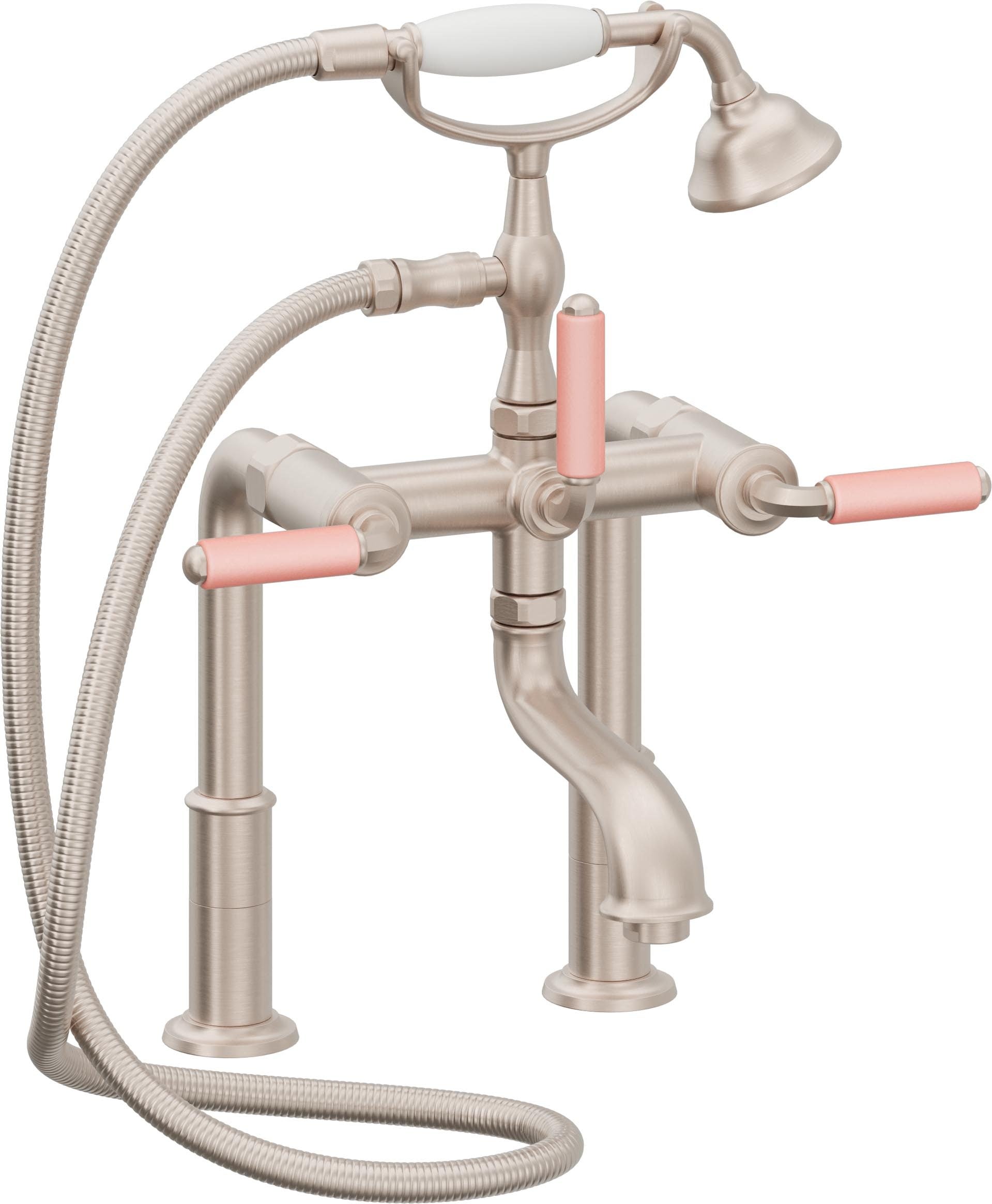 California Faucets Balboa Tradicional Llenador de Tina de Montaje en Cubierta - Manija de Porcelana Rosa - Níquel Satinado