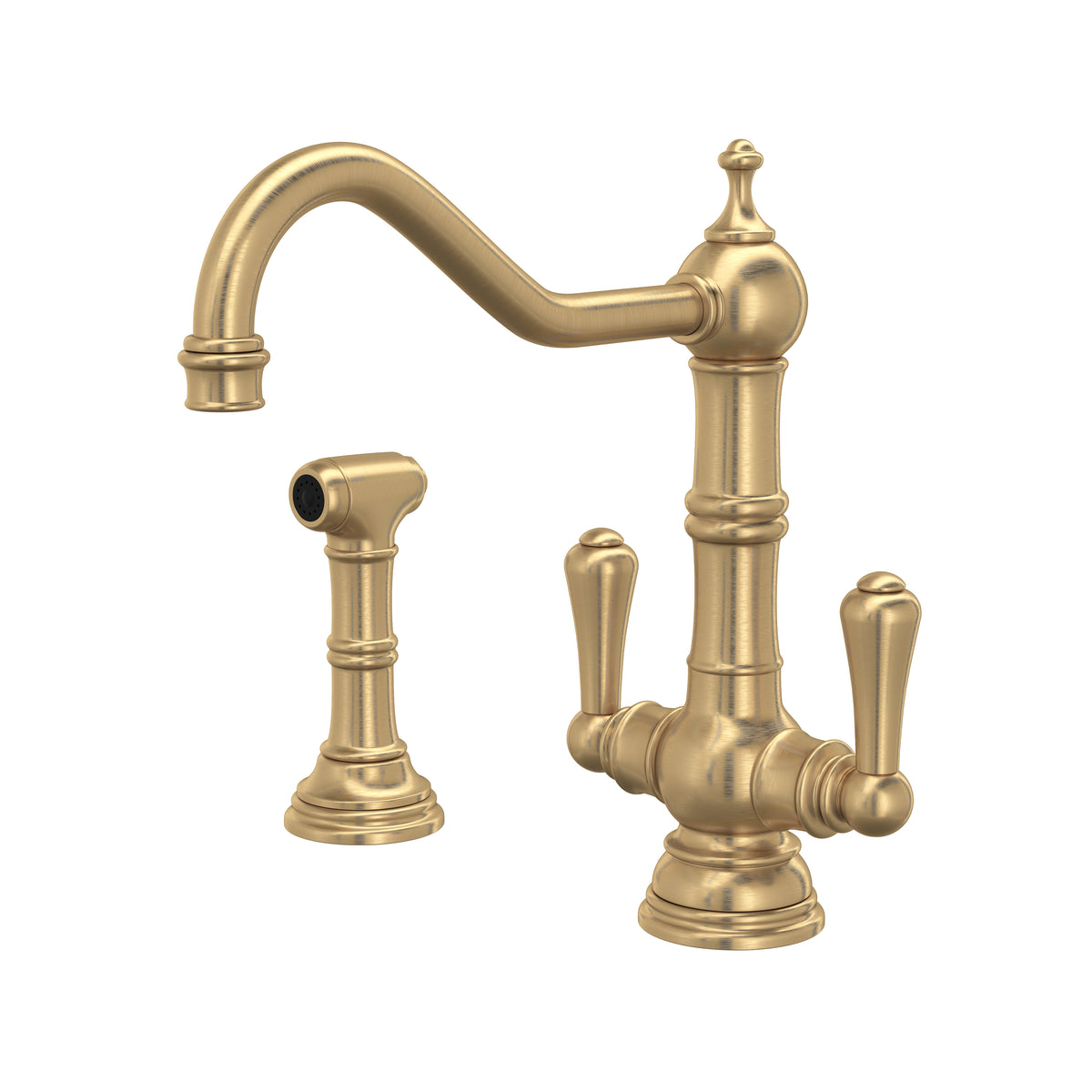Rohl Edwardian Mezcladora de Cocina de Dos Manijas con Aspersor Lateral - Palanca de Metal - Oro Inglés Satinado