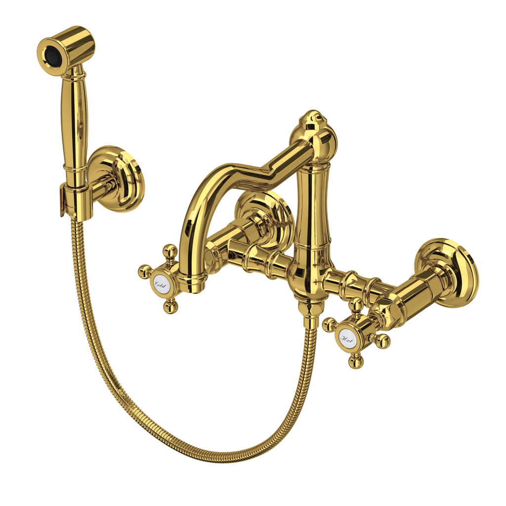 Rohl Acqui Mezcladora de Cocina Tipo Puente de Pared con Aspersor Lateral y Surtidor de Columna - Manija de Cruz - Latón sin Laca