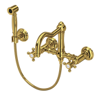 Rohl Acqui Mezcladora de Cocina Tipo Puente de Pared con Aspersor Lateral y Surtidor de Columna - Manija de Cruz - Latón sin Laca