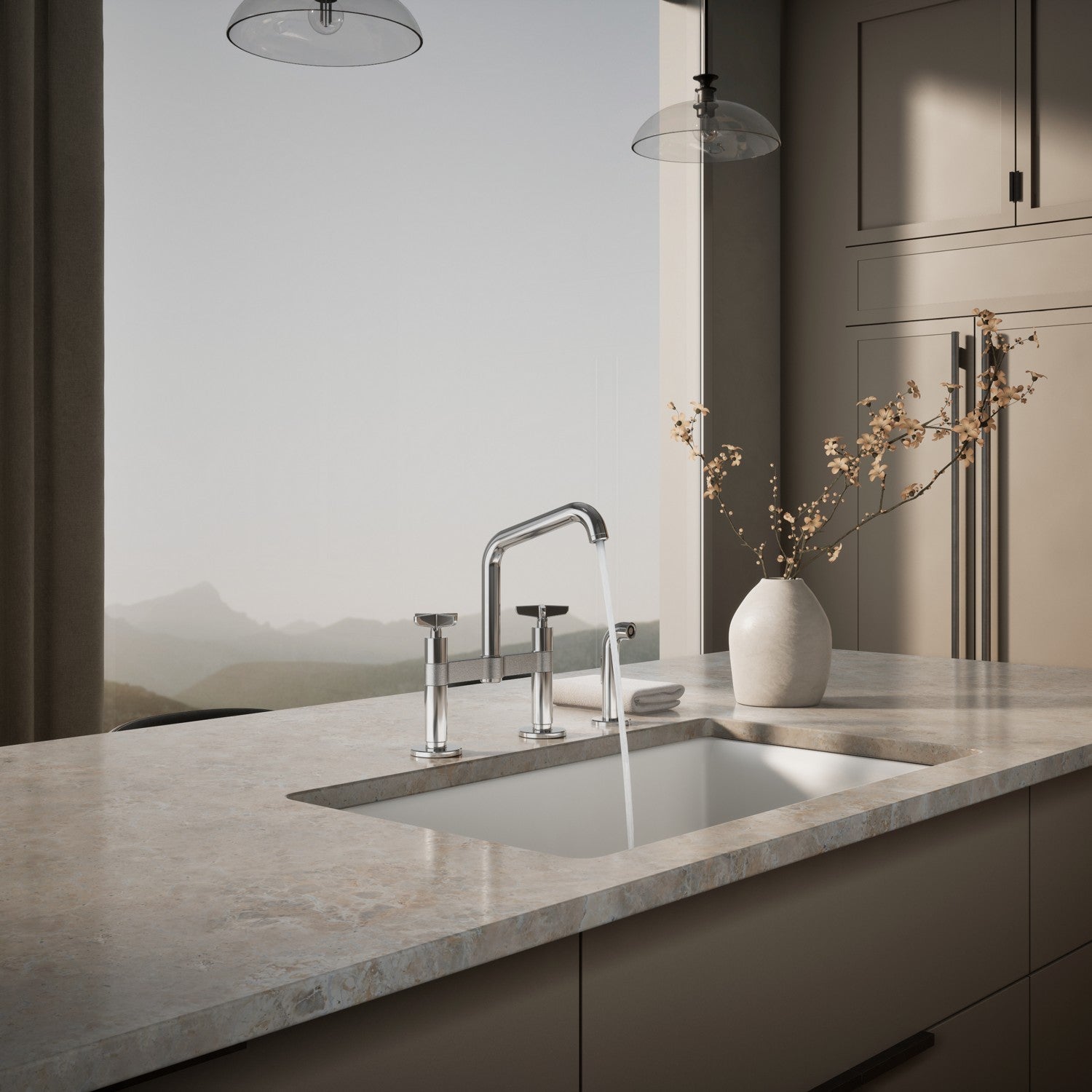 Kohler Billet — Mezcladora de Cocina tipo Puente con Rociador Lateral y Manijas de Cruz — Ambientación 2