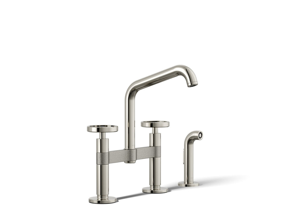 Kohler Billet — Mezcladora de Cocina tipo Puente con Rociador Lateral y Manijas Redondas — Níquel Pulido Vibrant