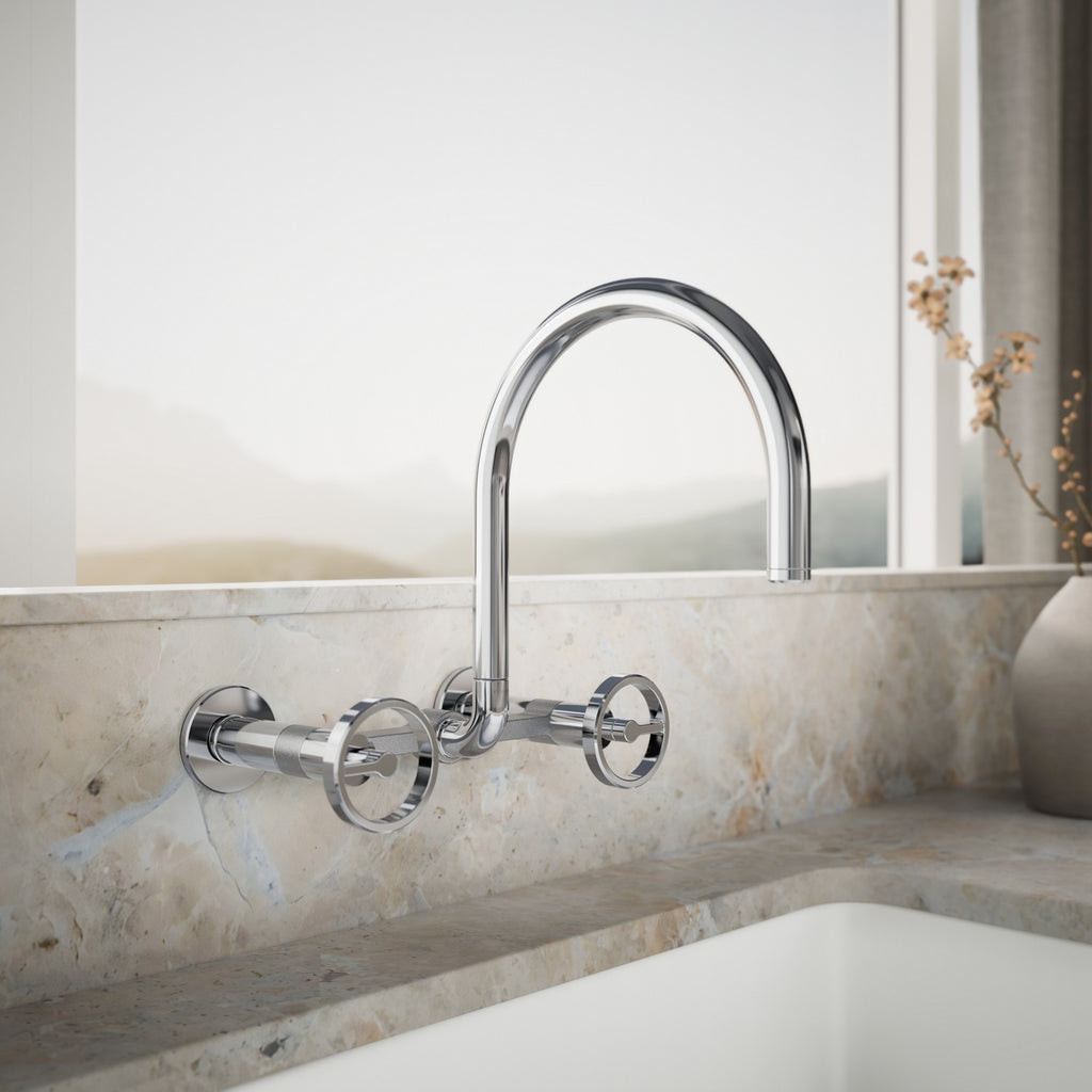 Kohler Billet — Mezcladora de Cocina tipo Puente de Pared, Arco Alto, con Manijas Redondas — Ambientación 1