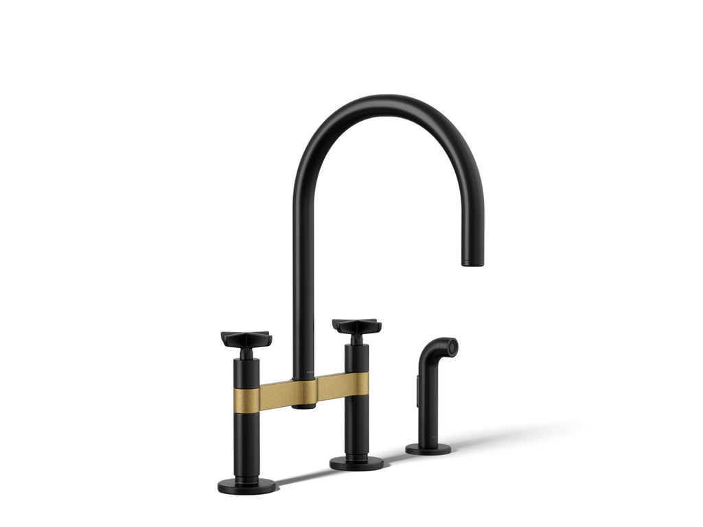 Kohler Billet — Mezcladora de Cocina tipo Puente Alto con Rociador Lateral y Manijas de Cruz — Negro Mate con Latón Moderno Cepillado