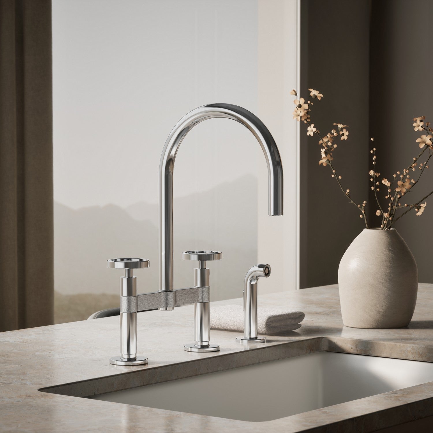 Kohler Billet — Mezcladora de Cocina tipo Puente Alto con Rociador Lateral y Manijas Redondas — Ambientación 4