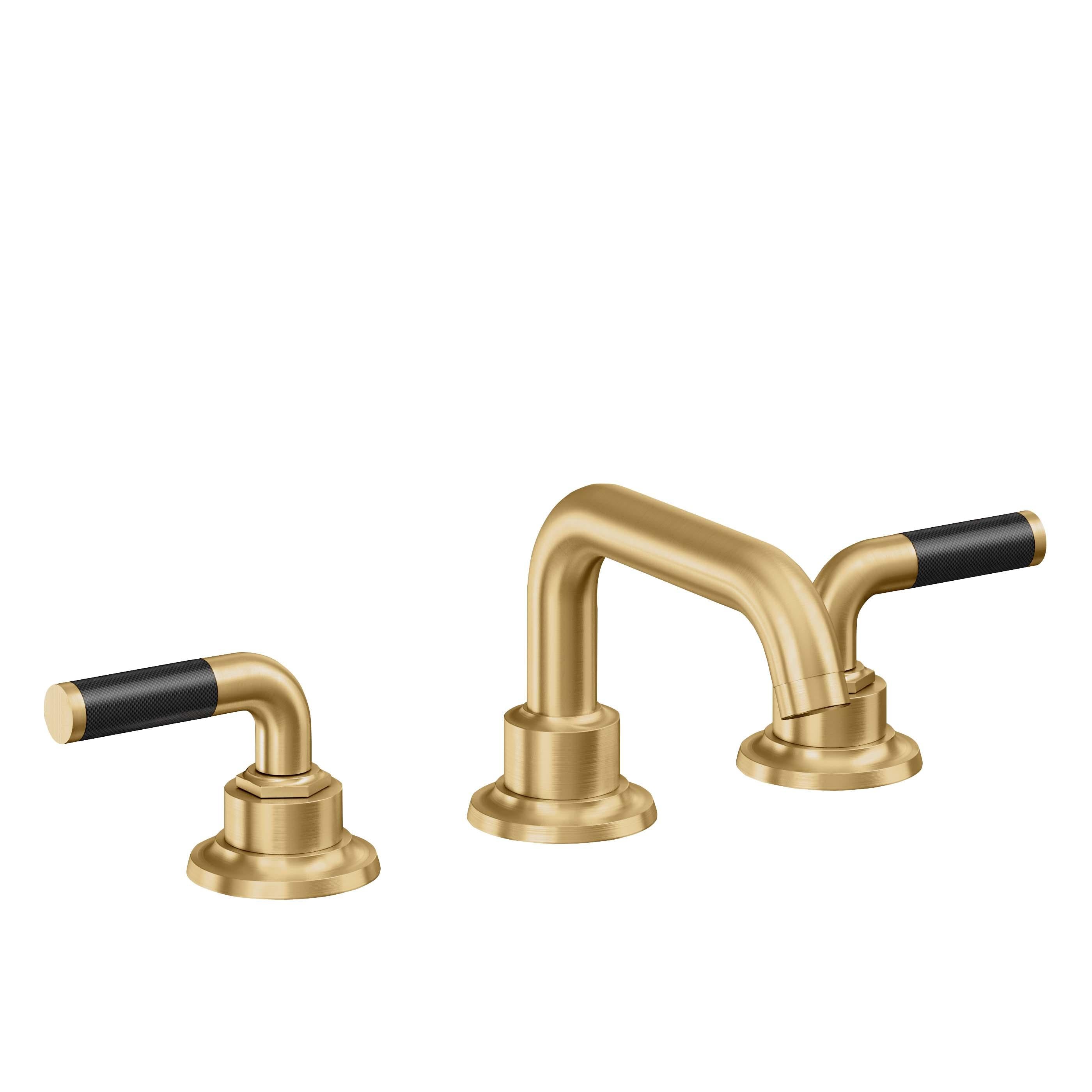 California Faucets Descanso 8" Llave de Lavabo de 3 Orificios para Cubierta, con Dos Manerales - Manija de Fibra de Carbono - Oro Satinado de por Vida