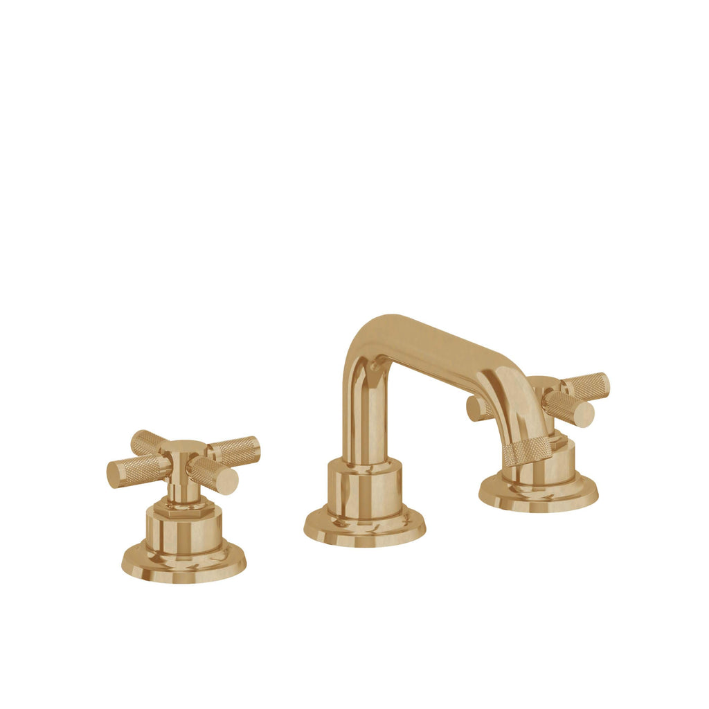 California Faucets Descanso 8" Llave de Lavabo de 3 Orificios para Cubierta, con Dos Manerales - Manija Moleteada - Latón Bruñido