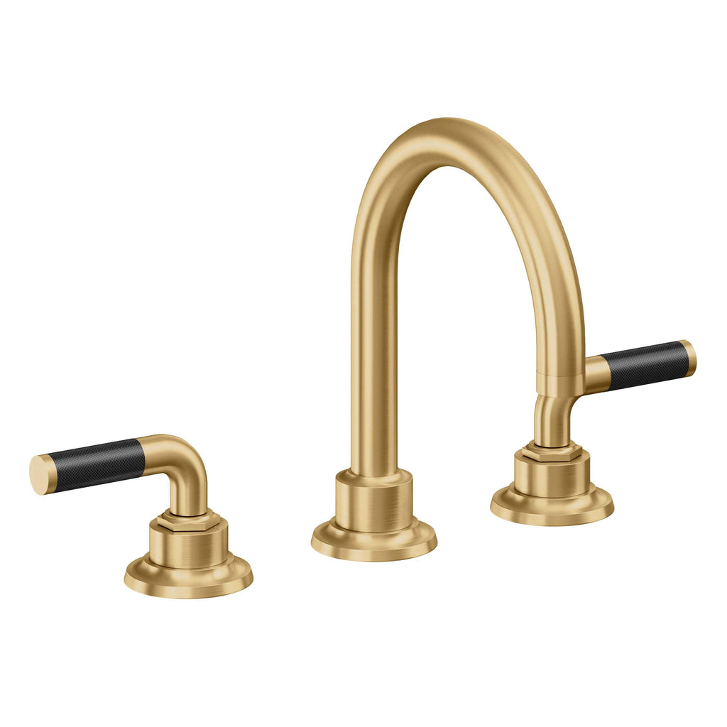 California Faucets Descanso 8" Llave de Lavabo de 3 Orificios para Cubierta, con Dos Manerales - Manija de Fibra de Carbono - Oro Satinado de por Vida