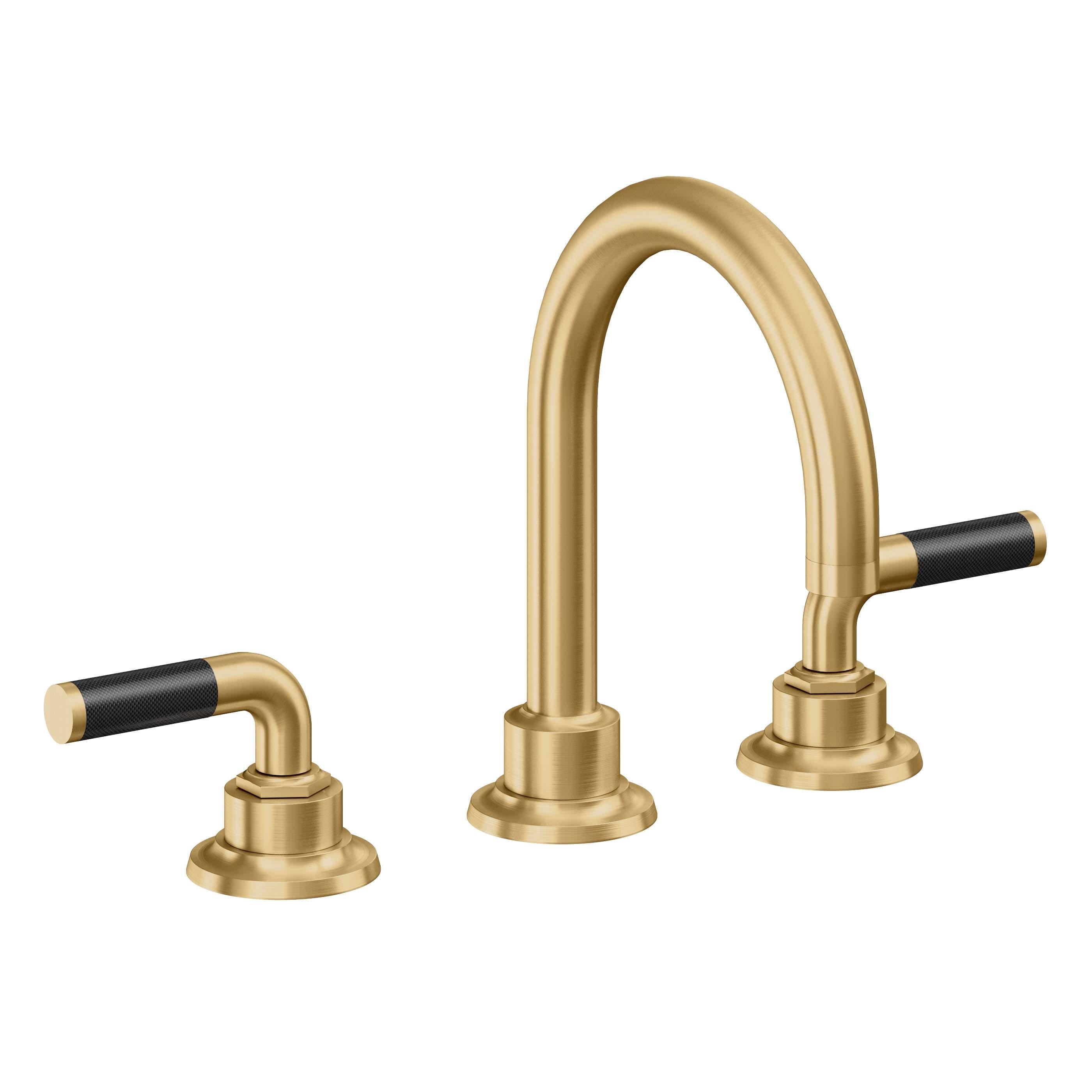 California Faucets Descanso 8" Llave de Lavabo de 3 Orificios para Cubierta, con Dos Manerales - Manija de Fibra de Carbono - Oro Satinado de por Vida