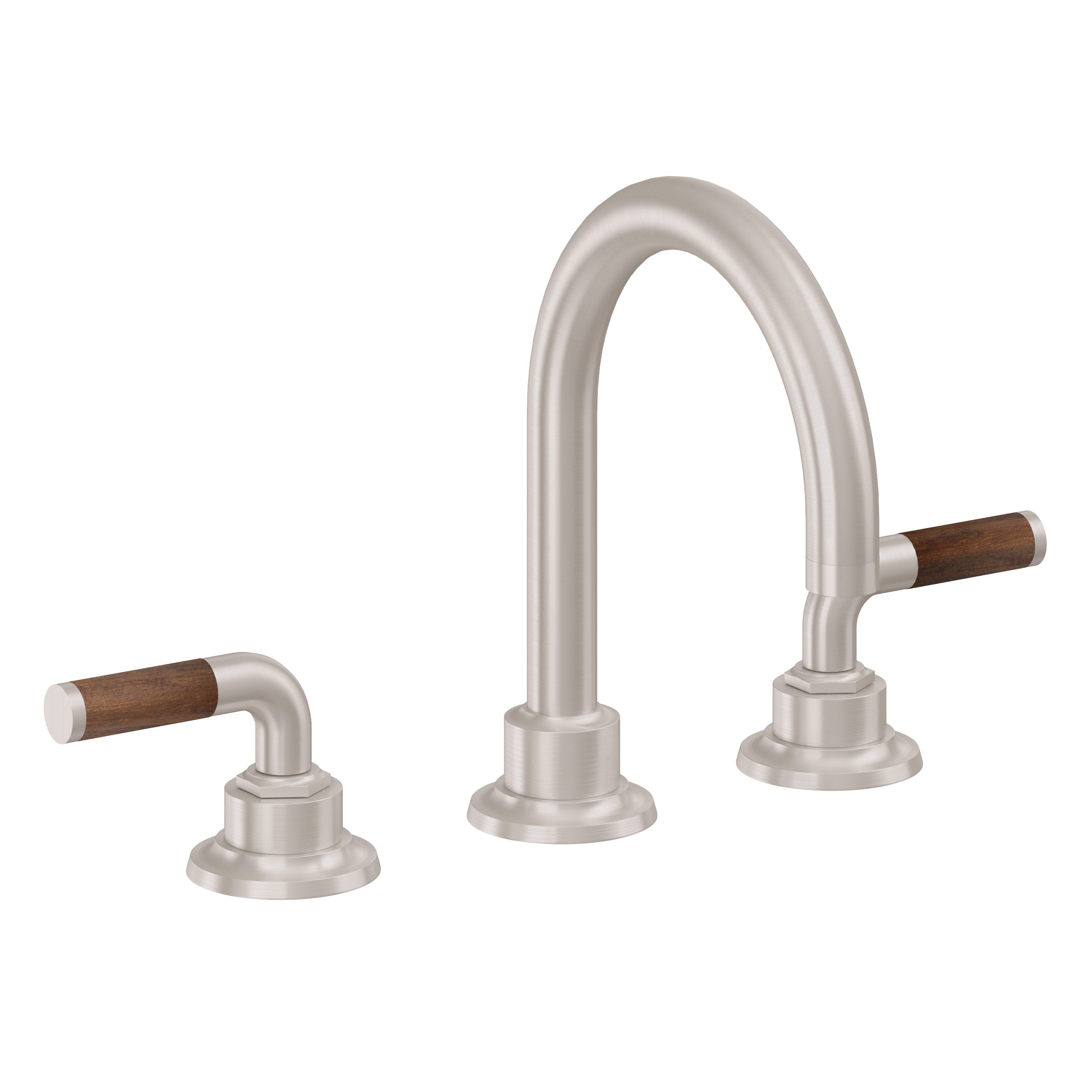 California Faucets Descanso 8" Llave de Lavabo de 3 Orificios para Cubierta, con Dos Manerales - Manija de Teca - Níquel Satinado