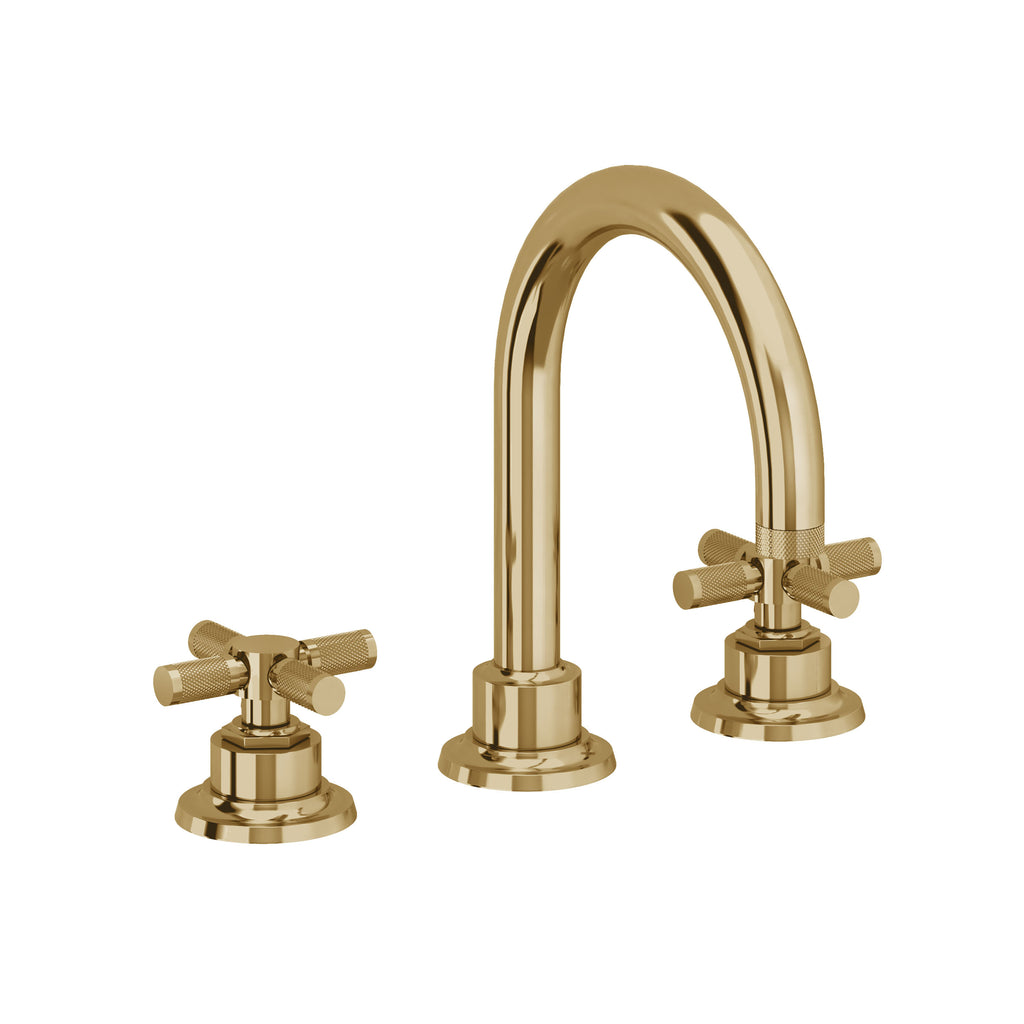 California Faucets Descanso 8" Llave de Lavabo de 3 Orificios para Cubierta, con Dos Manerales - Manija Moleteada - Oro Francés