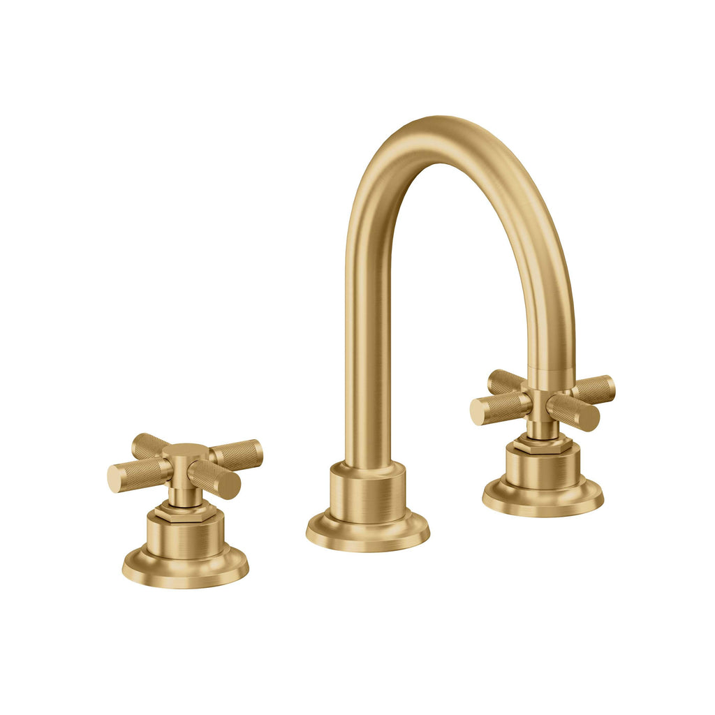 California Faucets Descanso 8" Llave de Lavabo de 3 Orificios para Cubierta, con Dos Manerales - Manija Moleteada - Oro Satinado de por Vida