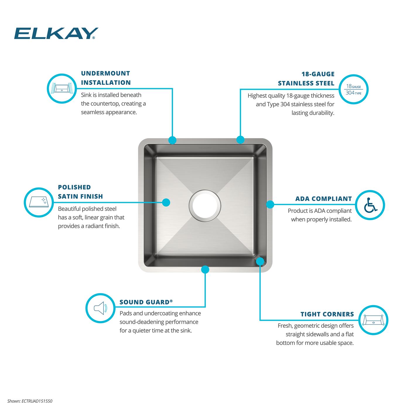 Elkay Tarja Crosstown® Calibre 18 Acero Inoxidable 16-1/2" x 16-1/2" x 5" de Un Tazón Bajo Cubierta — ambiente de cocina