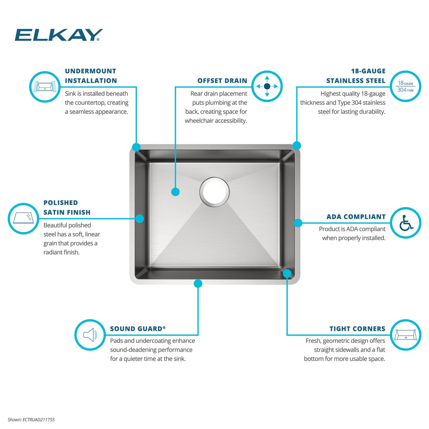 Elkay Tarja Crosstown® Calibre 18 Acero Inoxidable 22-1/2" x 18-1/2" x 5-1/2" de Un Tazón Bajo Cubierta — ambiente de cocina