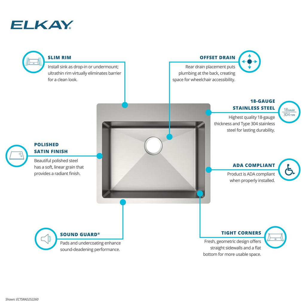 Elkay Tarja Crosstown® Calibre 18 Acero Inoxidable 25" x 22" x 6" de Un Tazón ADA de Doble Montaje — ambiente de cocina
