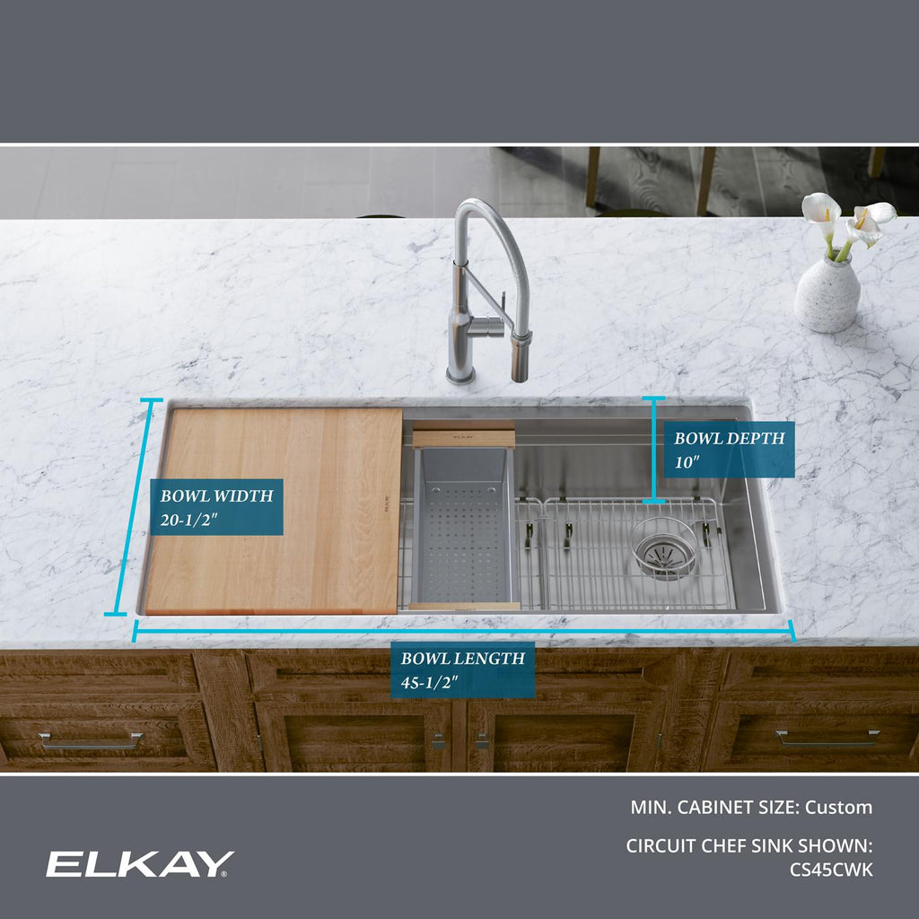 Elkay Tarja Circuit Chef® Workstation Acero Inoxidable 45-1/2" x 20-1/2" x 10" de Un Tazón Bajo Cubierta (Kit con Tablas de Madera de Cerezo) — ambiente de cocina