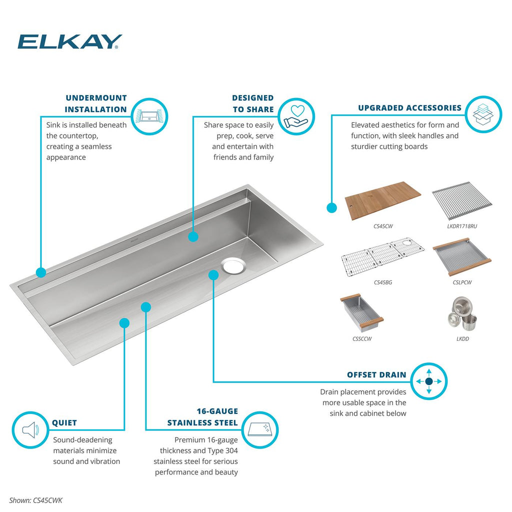 Elkay Tarja Circuit Chef® Workstation Acero Inoxidable 45-1/2" x 20-1/2" x 10" de Un Tazón Bajo Cubierta (Kit con Tablas de Madera de Cerezo) — ambiente de cocina