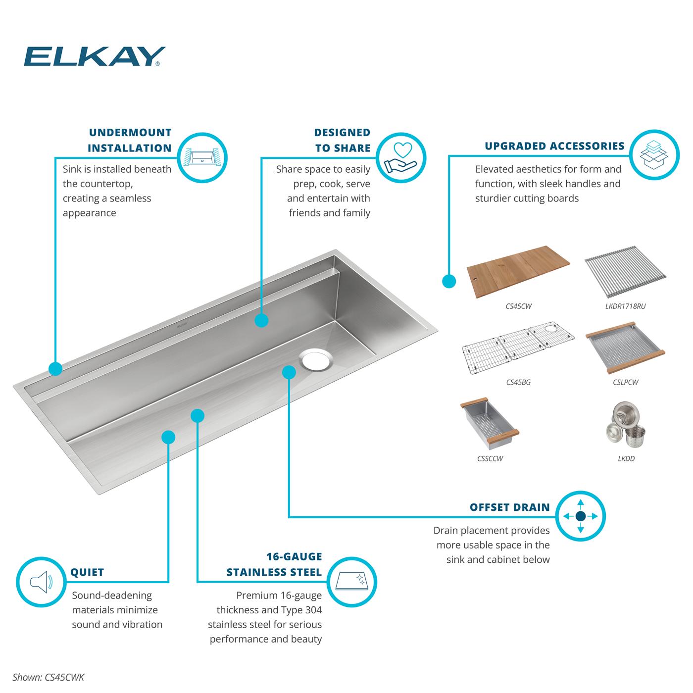 Elkay Tarja Circuit Chef® Workstation Acero Inoxidable 45-1/2" x 20-1/2" x 10" de Un Tazón Bajo Cubierta (Kit con Tablas de Madera de Cerezo) — ambiente de cocina