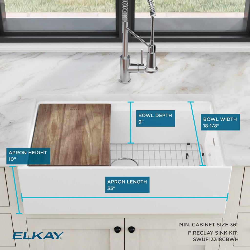 Elkay Tarja Fireclay 30" x 18-13/16" x 9-5/8" de Un Tazón Farmhouse Workstation (Kit) Blanco — ambiente de cocina