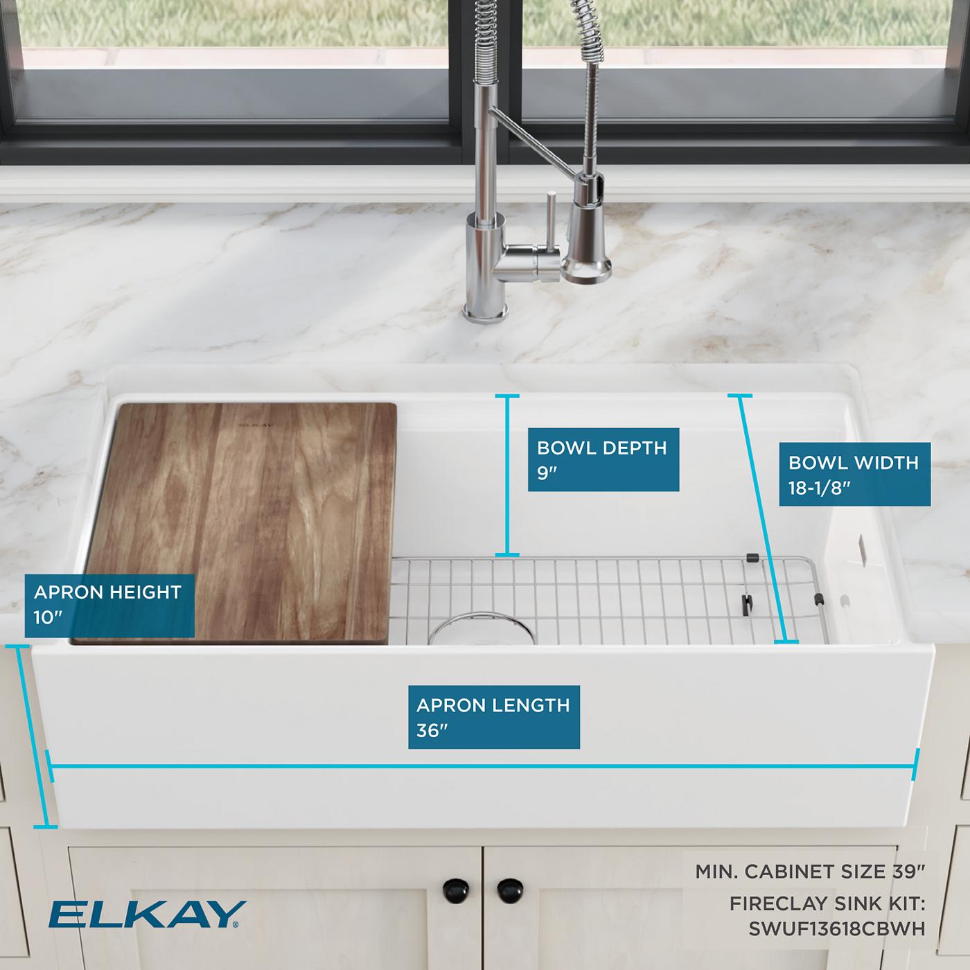 Elkay Tarja Fireclay 36" x 18-13/16" x 9-5/8" de Un Tazón Farmhouse Workstation (Kit) Blanco — ambiente de cocina