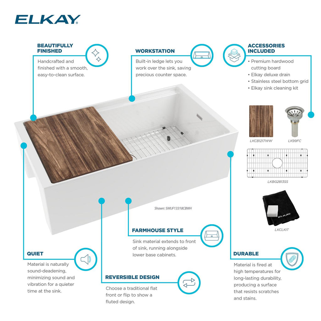 Elkay Tarja Fireclay 33" x 18-13/16" x 9-5/8" de Un Tazón Farmhouse Workstation (Kit) Blanco — ambiente de cocina