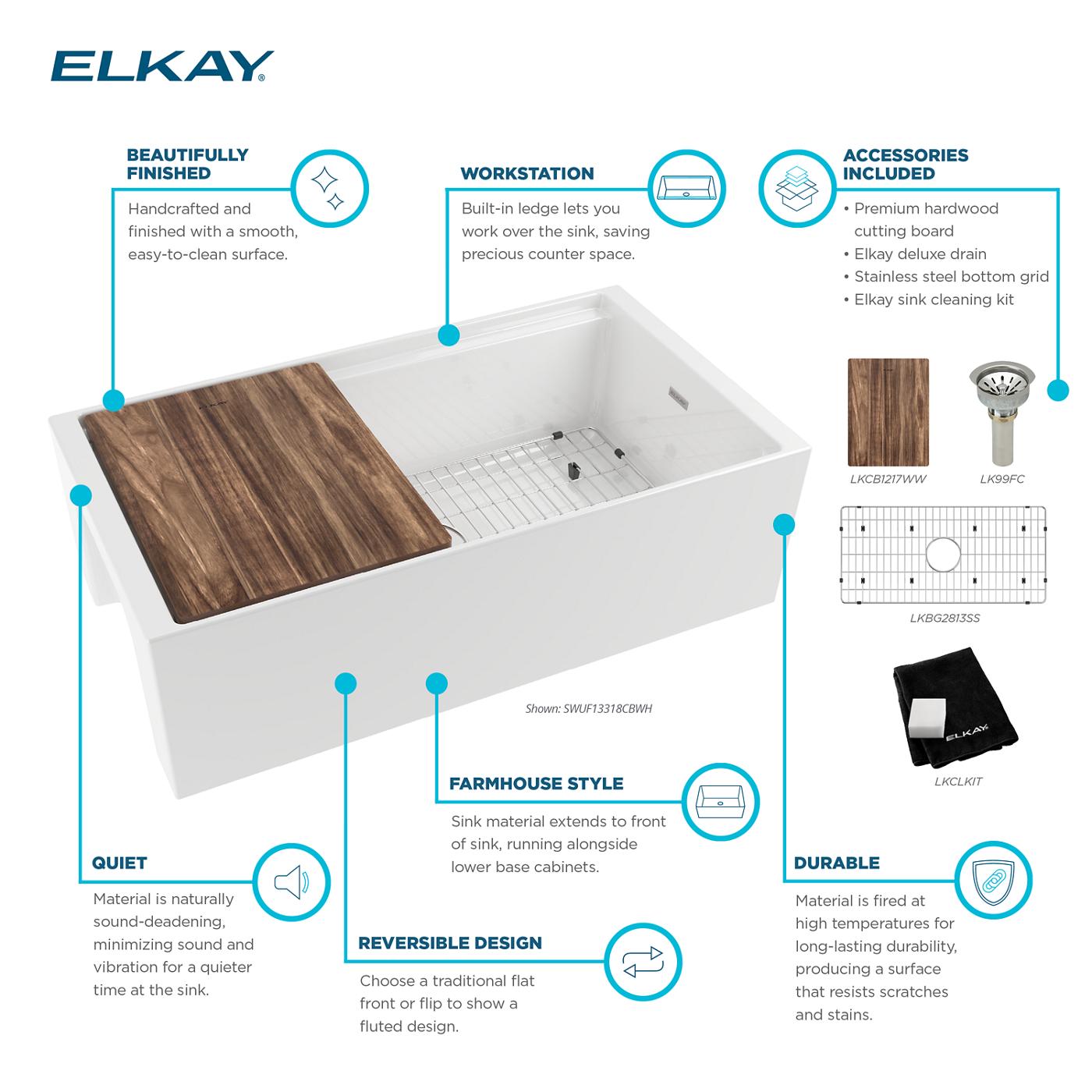 Elkay Tarja Fireclay 33" x 18-13/16" x 9-5/8" de Un Tazón Farmhouse Workstation (Kit) Blanco — ambiente de cocina