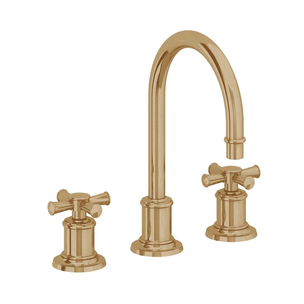 California Faucets Miramar Llave de Lavabo de 3 Orificios para Cubierta, con Dos Manerales - Manija de Cruz - Latón Bruñido